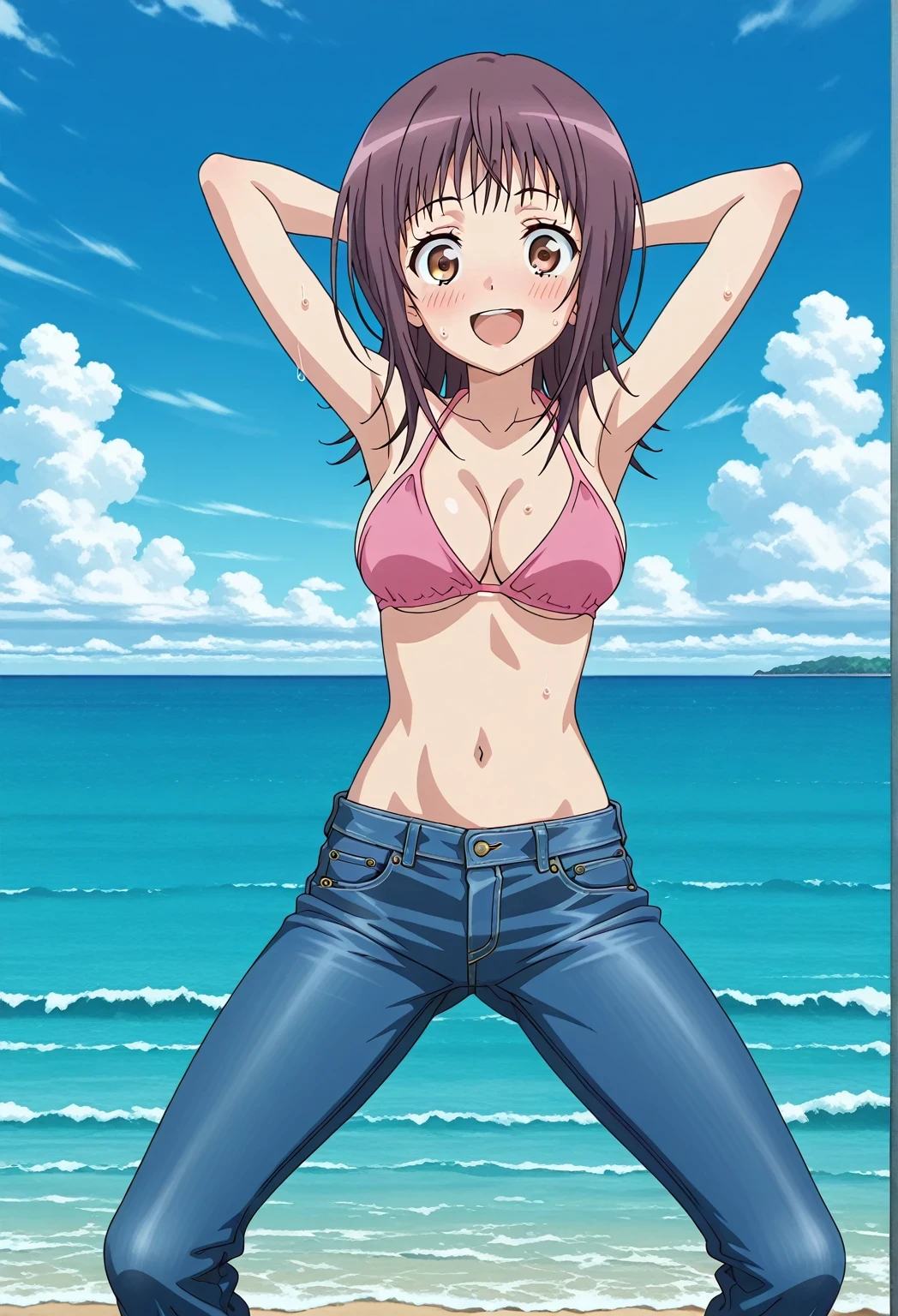 score_9, score_8_up, score_7_up, source_anime, highres, hi res, ((best quality, top quality, perfect quality, Highest Quality, amazing quality)), {{masterpiece}}, {{an extremely delicate and beautiful}}, 2d, intricate details, official style, anime, 8k, anime style, official_anime, official art, digital painting, cell shading, soft shading, high resolution, soothing tones, Subdued Color, Soft cinematic light, adobe lightroom, photolab, HDR, intricately and hyper-detailed, ((high quality animation)), 1 girl, Alone, solo, ((ocean)), tsunami, on the water, day, sunny, outdoors, sky, windy, itsuwa, short hair, brown hair, brown eyes, anime screencap, medium breasts, pink bikini top, best quality, hyper-detailed jeans, ((blue jeans:1.9)), (dark blue jeans:0.6), full medium body, medium shot, Open mouth, smiling, happy face, blush, sweat, standing, ((arms behind head:6.0)), bowlegged, jumping pose, action, looking at viewer, spread legs, Bend knees slightly, straight-on front view