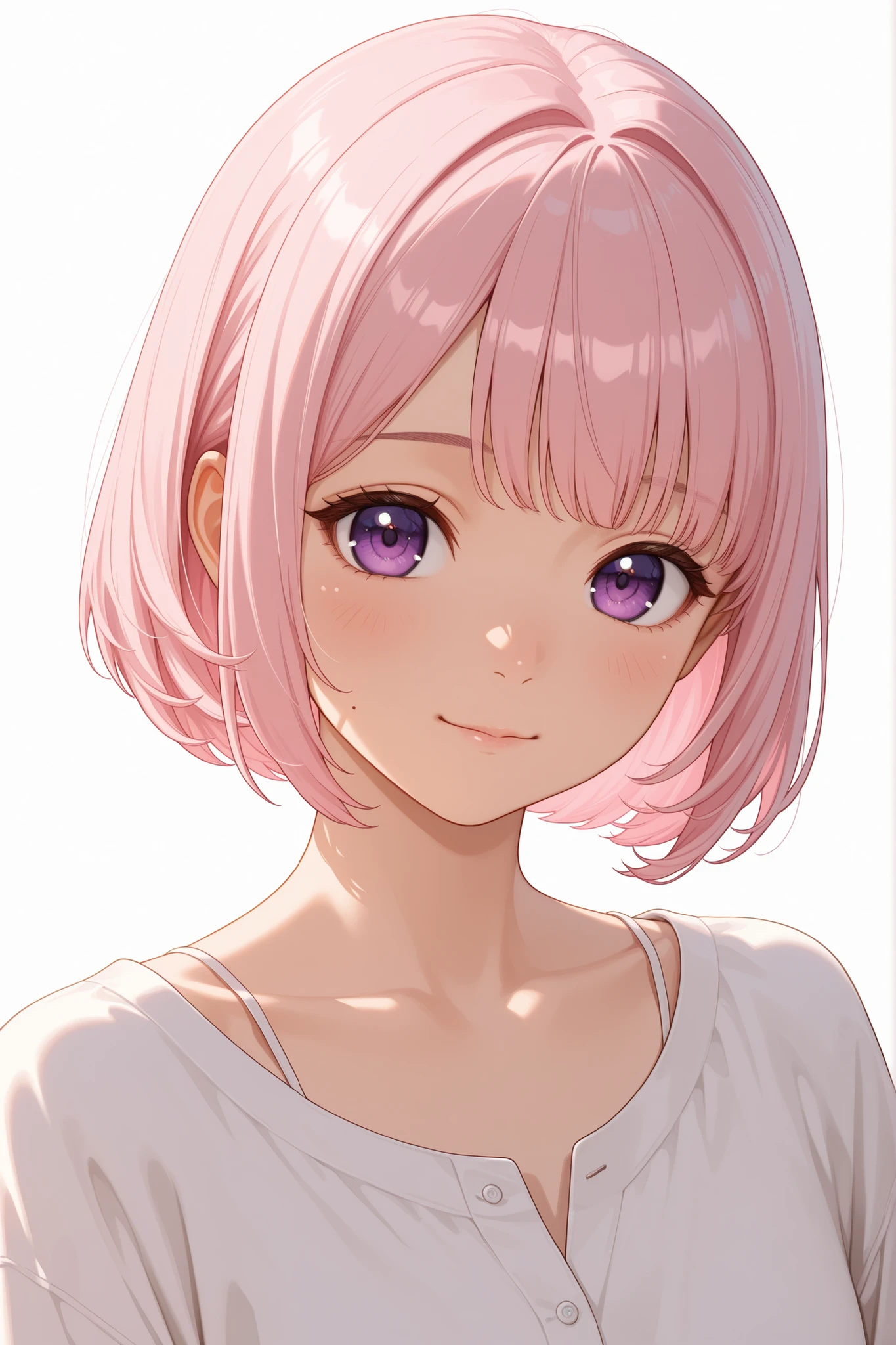 portrait of a beautiful young Japanese woman, bright light pink bob cut hair with soft cyan tips, loose natural waves, big vivid purple eyes with a gentle and thoughtful expression, light blush on cheeks, soft natural skin texture, wearing a simple casual top without patterns, no accessories, white plain background, upper body front view, photorealistic anime style, ultra detailed face, smooth shading, high resolution, consistent character reference style