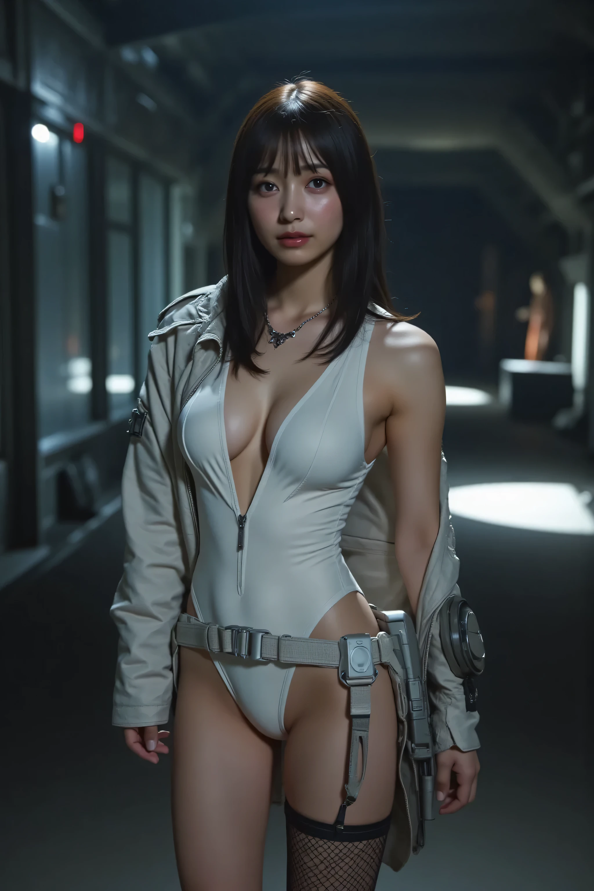 (((The pitch-dark interior of the Nostromo ship:2.0))),(((HR Gigger Style Cyberpunk Atmosphere:2.0))),one woman,(cute faces getting creampied:1.5),(Beautiful well-balanced face :1.7),((long wavy hair:2.0)),(dark haired:1.5),(beautiful eyes:1.3),Glamorous Shot of a 20-Year-Old Japanese Woman,Beautiful Slender Body,((model body type:2.0)),((slim body:1.7)),Perfect Body Line,Attractive Eye Expression,((big breasts:2.0)),((F cup chest:1.5)),big boobs,Bare thighs,sensual thighs,delicate body,(muscular:1.7),a harmonious posture,((Realistic breast depiction :1.7)),((Carefully depict limbs based on perfect anatomy:2.0)),((Dull White Special Forces Style Harness Super Hi-leg Leotard:2.0)),((super high leg leotard with wide open chest:2.0)),((((Formal White Tailored Jacket with Open Front:2.0))),((tactical holster:2.0)),(((Fishnet tights with garter belt:2.0))),(Gloves:1.3),Concept Art,(Highest Quality:1.5),(masterpiece:1.5),(超高Resolution),Resolution,UHD,(Delicate Description),carefully drawn,32k,((Realistic Skin Texture:1.5)),(((Super Realistic:1.5))),carefully drawn eyelashes,Highly Detailed Faces,highly detailed female hands,sexy appearance,very sensual,(Blurry, dim background:1.5),professional photography,(Movie Lights:2.0),((Blade Runner Style Lighting:2.0))