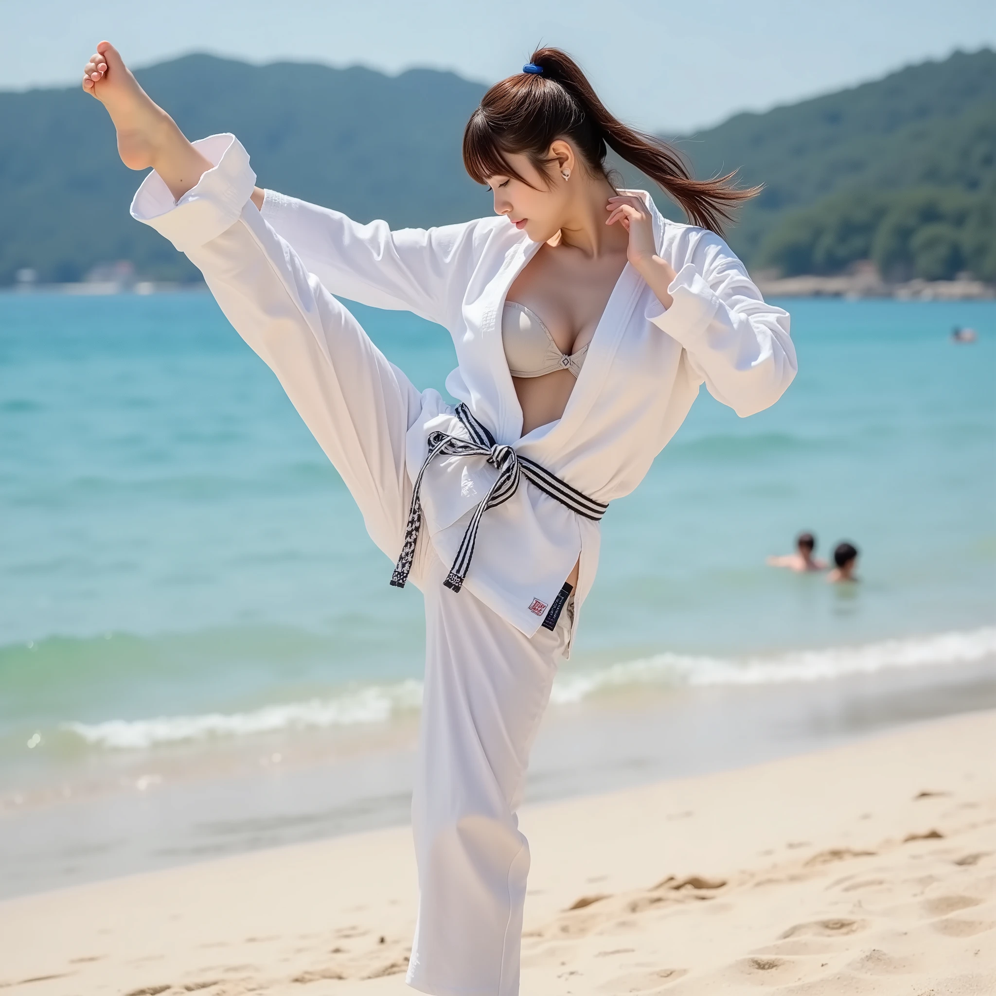 (Highest Quality, greatest masterpiece), Ultra High Definition, is transcendental, Realistic Photos of Beautiful Japanese Top Idol Women Wearing Tight Cat Costumes, (Karate High Kick:1.5), wide angle shot, Gives a Perfect High Kick, (Beautiful Japanese Top Idol Women Wear Cat Costumes、Realistic Photos with Faces:1.10), Perfect balance and concentration, Karate High Kick Practice, Super Clear Focus, summer beach background, dynamic angle, Brown Ponytail, very detailed, Sweaty whole body, F Cups Open Chest, Putting an apron on the foot line that stretches toward the sky,
