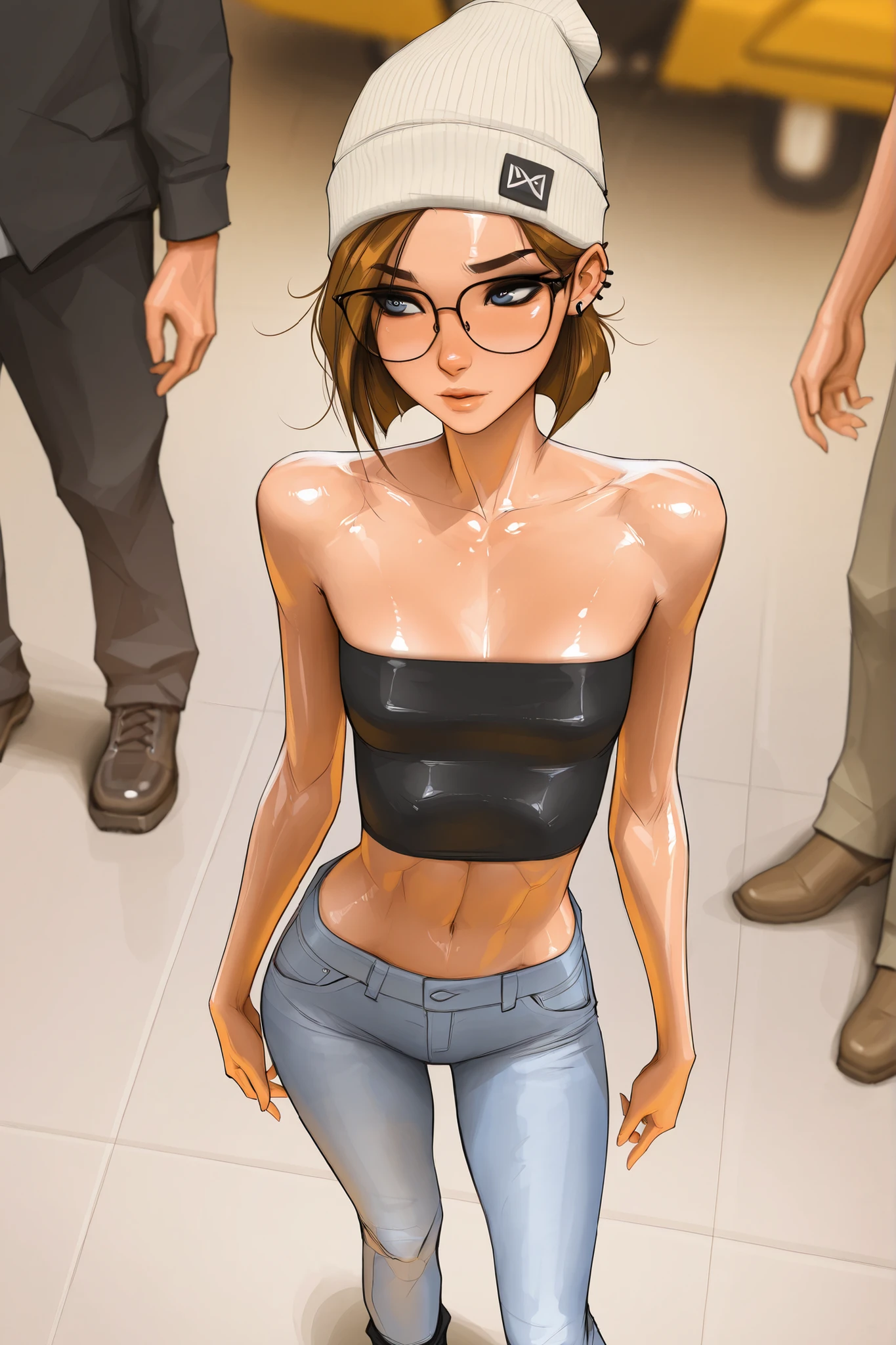red rimmed glasses, short hair, blue eyes, brown hair, masterpiece, best quality, very aesthetic, movie quality, depth of field,soft saturation, focused subject, ,official style, shiny skin, 1girl, dark eyeliner, high top beanie, (darcy redd), shirow masamune,  sam yang style,  oily skin,  1girl, mature woman, small ,  wavy brown hair, tube top, bellbottom jeans, tall girl, long abdomen, ear piercings, big eyelashes, doc martens,  high angle, electric batons