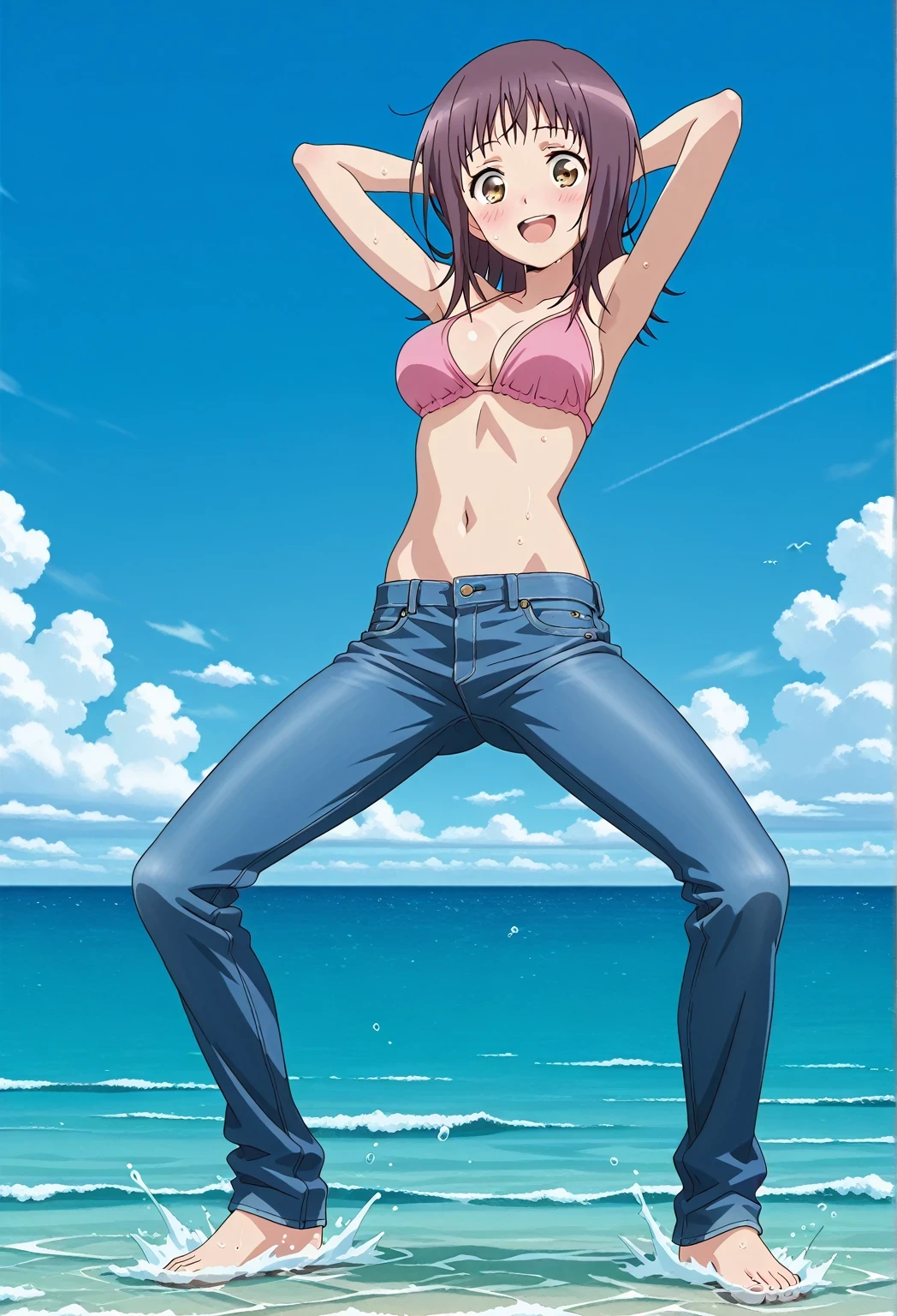 score_9, score_8_up, score_7_up, source_anime, highres, hi res, ((best quality, top quality, perfect quality, Highest Quality, amazing quality)), {{masterpiece}}, {{an extremely delicate and beautiful}}, 2d, intricate details, official style, anime, 8k, anime style, official_anime, official art, digital painting, cell shading, soft shading, high resolution, soothing tones, Subdued Color, Soft cinematic light, adobe lightroom, photolab, HDR, intricately and hyper-detailed, ((high quality animation)), 1 girl, Alone, solo, ((ocean)), tsunami, on the water, day, sunny, outdoors, sky, windy, itsuwa, short hair, brown hair, brown eyes, anime screencap, medium breasts, pink bikini top, best quality, hyper-detailed jeans, ((blue jeans:1.9)), (dark blue jeans:0.6), full medium body, medium shot, Open mouth, smiling, happy face, blush, sweat, standing, ((arms behind head:6.0)), bowlegged, jumping pose, action, looking at viewer, spread legs, Bend knees slightly, straight-on front view