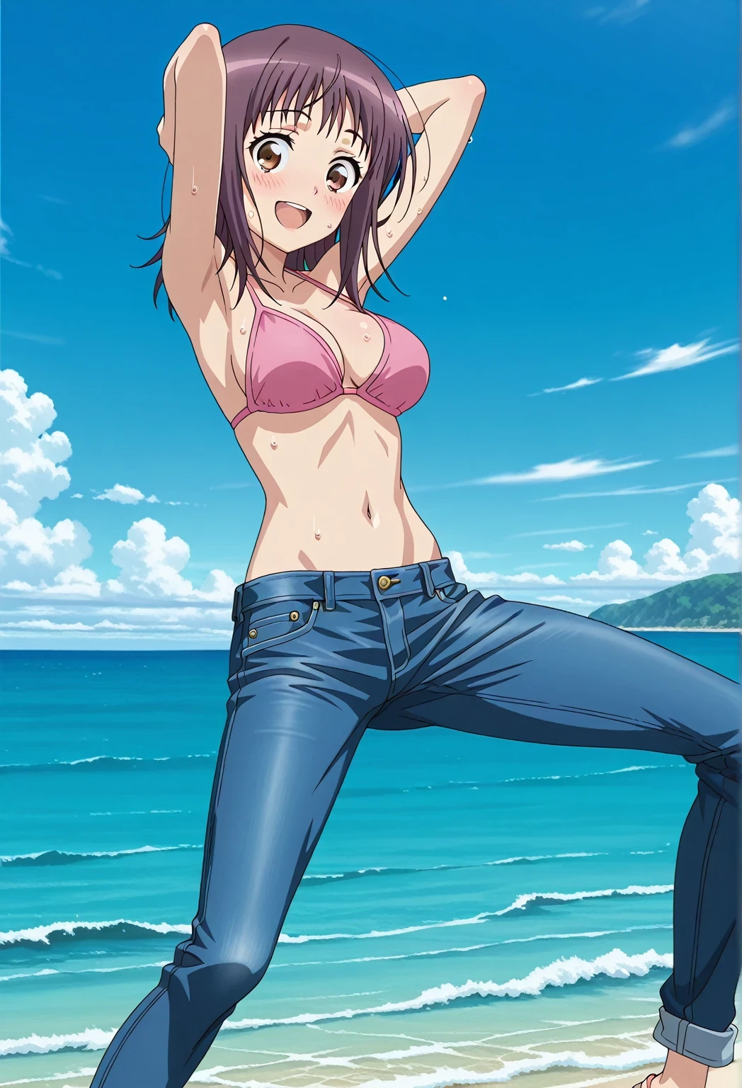 score_9, score_8_up, score_7_up, source_anime, highres, hi res, ((best quality, top quality, perfect quality, Highest Quality, amazing quality)), {{masterpiece}}, {{an extremely delicate and beautiful}}, 2d, intricate details, official style, anime, 8k, anime style, official_anime, official art, digital painting, cell shading, soft shading, high resolution, soothing tones, Subdued Color, Soft cinematic light, adobe lightroom, photolab, HDR, intricately and hyper-detailed, ((high quality animation)), 1 girl, Alone, solo, ((ocean)), tsunami, on the water, day, sunny, outdoors, sky, windy, itsuwa, short hair, brown hair, brown eyes, anime screencap, medium breasts, pink bikini top, best quality, hyper-detailed jeans, ((blue jeans:1.9)), (dark blue jeans:0.6), full medium body, medium shot, Open mouth, smiling, happy face, blush, sweat, standing, ((arms behind head:6.0)), bowlegged, jumping pose, action, looking at viewer, spread legs, Bend knees slightly, straight-on front view