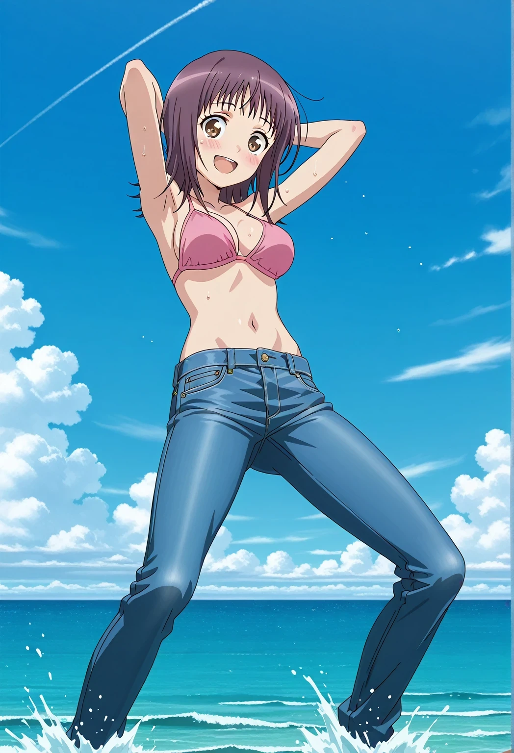 score_9, score_8_up, score_7_up, source_anime, highres, hi res, ((best quality, top quality, perfect quality, Highest Quality, amazing quality)), {{masterpiece}}, {{an extremely delicate and beautiful}}, 2d, intricate details, official style, anime, 8k, anime style, official_anime, official art, digital painting, cell shading, soft shading, high resolution, soothing tones, Subdued Color, Soft cinematic light, adobe lightroom, photolab, HDR, intricately and hyper-detailed, ((high quality animation)), 1 girl, Alone, solo, ((ocean)), tsunami, on the water, day, sunny, outdoors, sky, windy, itsuwa, short hair, brown hair, brown eyes, anime screencap, medium breasts, pink bikini top, best quality, hyper-detailed jeans, ((blue jeans:1.9)), (dark blue jeans:0.6), full medium body, medium shot, Open mouth, smiling, happy face, blush, sweat, standing, ((arms behind head:6.0)), bowlegged, jumping pose, action, looking at viewer, spread legs, Bend knees slightly, straight-on front view