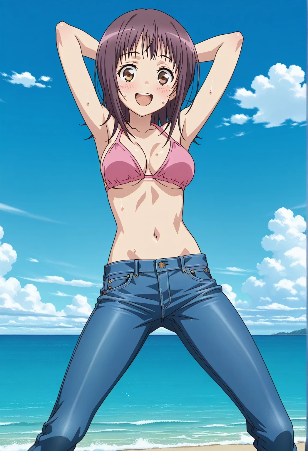 score_9, score_8_up, score_7_up, source_anime, highres, hi res, ((best quality, top quality, perfect quality, Highest Quality, amazing quality)), {{masterpiece}}, {{an extremely delicate and beautiful}}, 2d, intricate details, official style, anime, 8k, anime style, official_anime, official art, digital painting, cell shading, soft shading, high resolution, soothing tones, Subdued Color, Soft cinematic light, adobe lightroom, photolab, HDR, intricately and hyper-detailed, ((high quality animation)), 1 girl, Alone, solo, ((ocean)), tsunami, on the water, day, sunny, outdoors, sky, windy, itsuwa, short hair, brown hair, brown eyes, anime screencap, medium breasts, pink bikini top, best quality, hyper-detailed jeans, ((blue jeans:1.9)), (dark blue jeans:0.6), full medium body, medium shot, Open mouth, smiling, happy face, blush, sweat, standing, ((arms behind head:6.0)), bowlegged, jumping pose, action, looking at viewer, spread legs, Bend knees slightly, straight-on front view