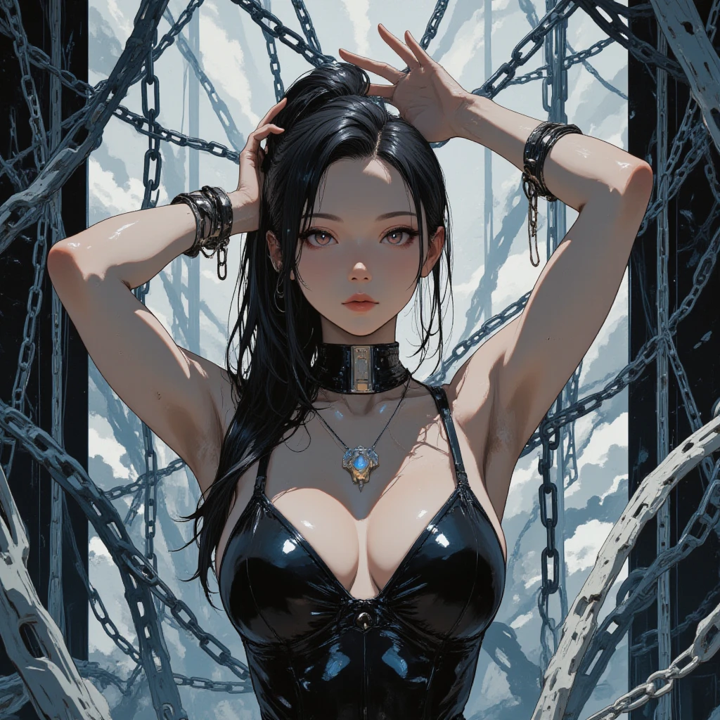 ????? 18 year old anime girl tied with chains holding a ????? in each hand, bem grosso com a boca cheia de esperma calcinha e sutian rasgando lingua para fora esperma escorrendo pelo corpo