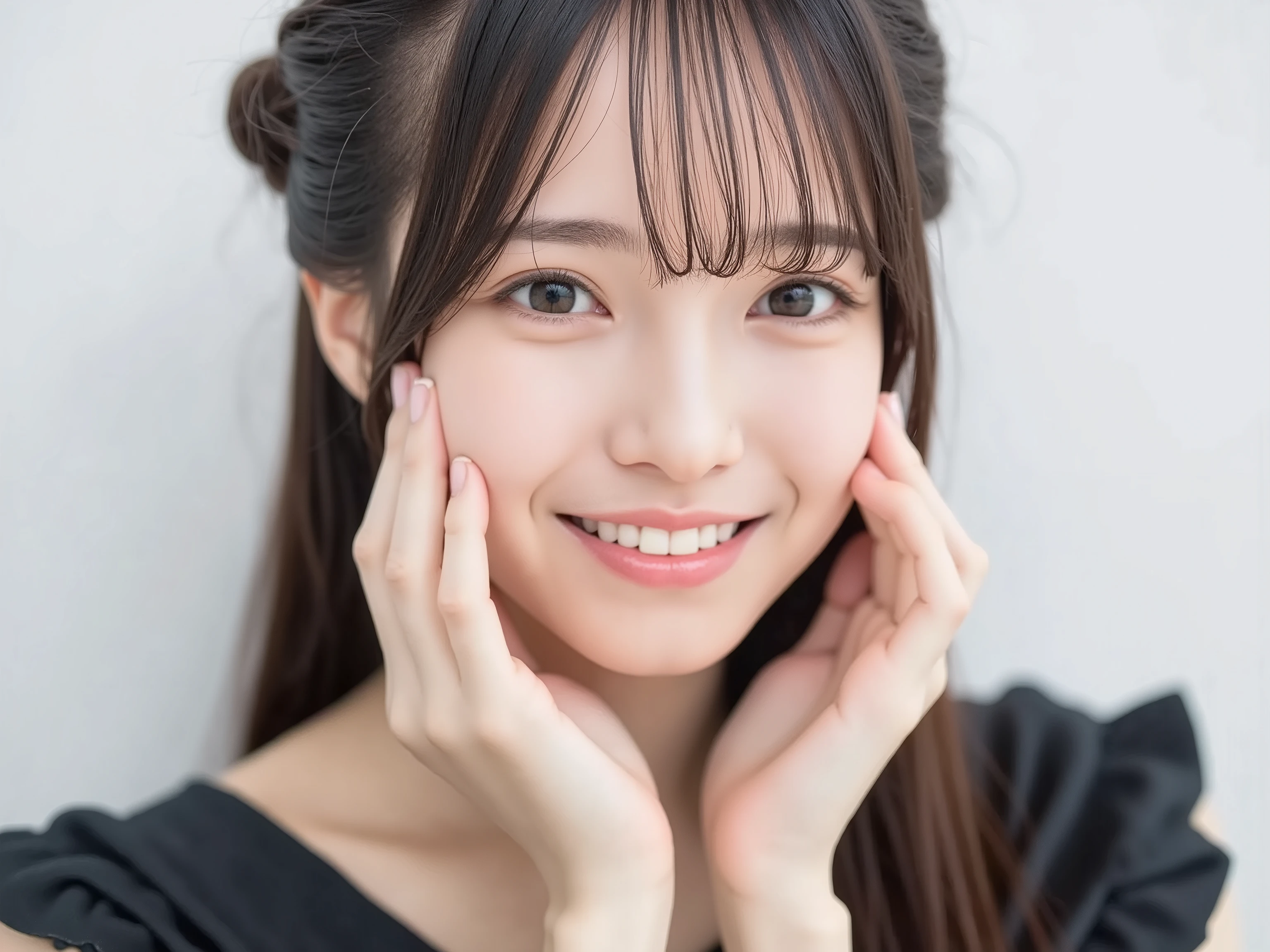 (Refined from an old photo, recreated in a modern, ultra high-quality photorealistic style,
with a trendy Reiwa-era hairstyle: smooth semi-long hair with soft natural waves,
neatly styled with airy see-through bangs and a glossy, well-groomed finish),
Ultra photorealistic close-up portrait of a beautiful Japanese woman,
upper-body composition, wearing a black outfit completely out of frame (not visible),
shoulders and collarbone softly exposed,
both hands gently pressing her cheeks in a shy, lovestruck pose,
sparkling eyes filled with warmth and joy, gazing dreamily at the viewer with overflowing affection,
cheeks blushing deeply with a radiant, sweet glow,
soft glossy lips opened slightly in a bright, joyful lovestruck smile,
expression melting with happiness — playful, bashful, dreamy, and irresistibly affectionate,
smile overflowing with warmth and genuine emotion, radiating pure love and joy,
realistic skin with detailed pores, natural uneven tones, and tiny imperfections for realism,
soft peach fuzz visible, smooth and refined texture,
clear and smooth skin without any blemishes or moles,
beautiful even skin tone with a healthy, luminous glow,
hair rendered with fine individual strands, silky and neatly arranged,
natural matte shine with subtle highlights,
soft diffused cinematic lighting with natural depth,
pure white blurred background for an intimate, clean atmosphere,
(masterpiece, best quality, ultra photorealistic, high resolution,
intimate romantic close-up, cinematic magazine cover style)