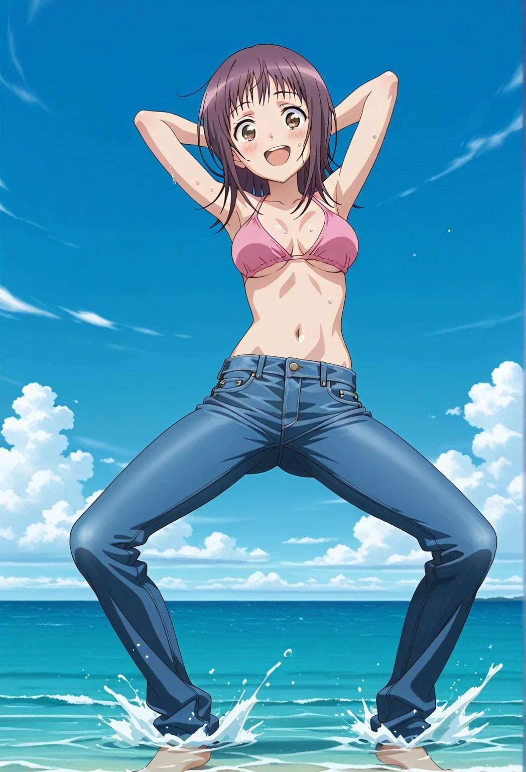 score_9, score_8_up, score_7_up, source_anime, highres, hi res, ((best quality, top quality, perfect quality, Highest Quality, amazing quality)), {{masterpiece}}, {{an extremely delicate and beautiful}}, 2d, intricate details, official style, anime, 8k, anime style, official_anime, official art, digital painting, cell shading, soft shading, high resolution, soothing tones, Subdued Color, Soft cinematic light, adobe lightroom, photolab, HDR, intricately and hyper-detailed, ((high quality animation)), 1 girl, Alone, solo, ((ocean)), tsunami, on the water, day, sunny, outdoors, sky, windy, itsuwa, short hair, brown hair, brown eyes, anime screencap, medium breasts, pink bikini top, best quality, hyper-detailed jeans, ((blue jeans:1.9)), (dark blue jeans:0.6), full medium body, medium shot, Open mouth, smiling, happy face, blush, sweat, standing, ((arms behind head:6.0)), bowlegged, jumping pose, action, looking at viewer, spread legs, Bend knees slightly, straight-on front view