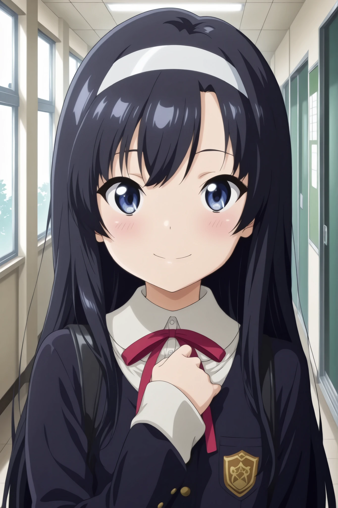 "ultra-detailed, best quality, beautiful eyes, extremely detailed, best quality, beautiful, Master piece, highres, best quality, official art, highres, masterpiece, newest",, "solo, 1girl, saeinagaki, long hair, blue eyes, smile, blush","school uniform, neck ribbon, red ribbon, white hairband, skirt, BREAK school hallway, looking at viewer, portrait, upper body",, "masterpiece, best quality, amazing quality, very aesthetic, absurdres, detailed background, detailed foreground, detailed eyes, detailed clothing, detailed hair, detailed shading"