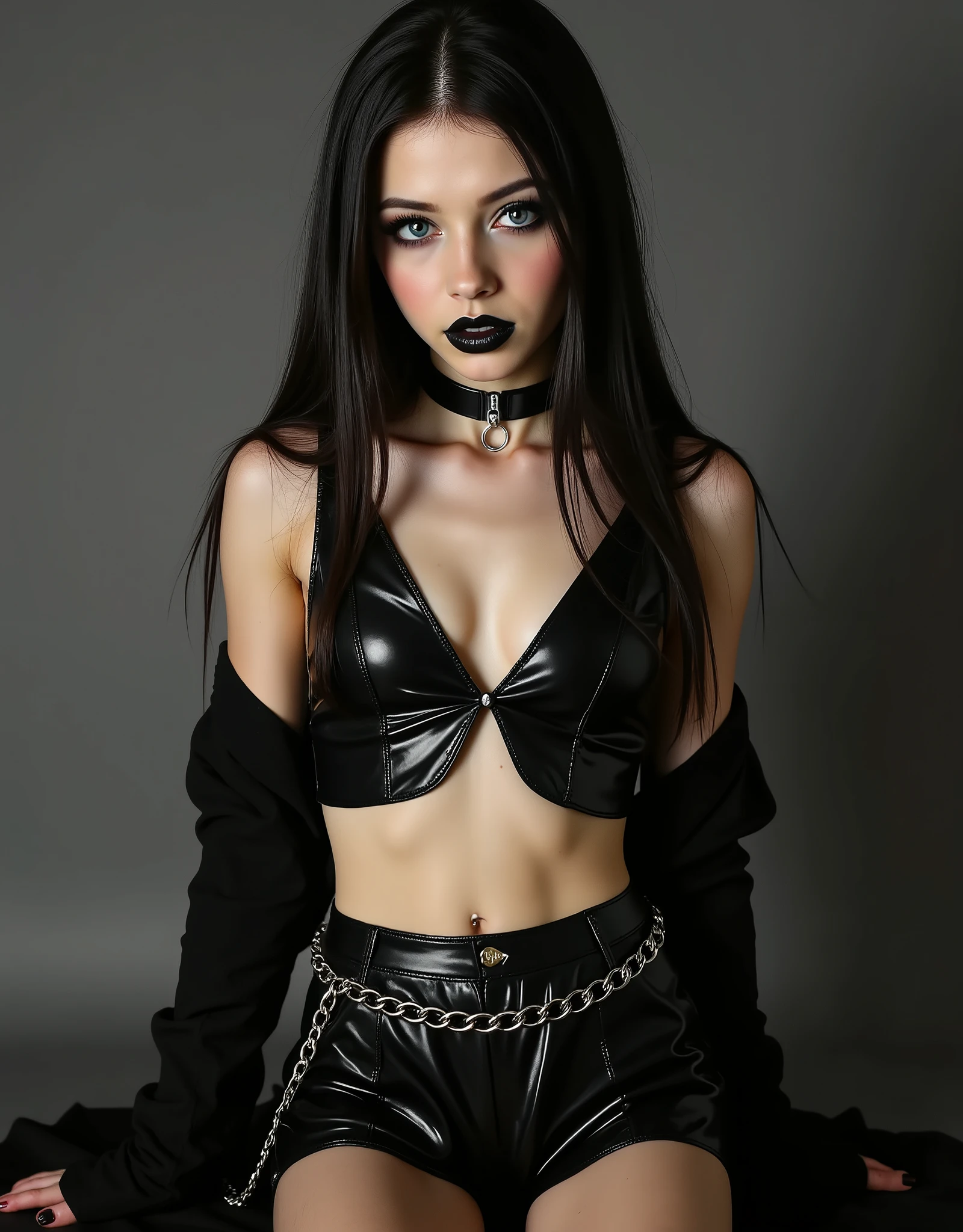 (Ultra realism:1.3), (Photorealism:1.2), (Cinematic photo:1.3), (RAW photo:1.3),
(Studio lighting:1.3), (Depth of field:1.3), (Sharp focus subject:1.2),
(Dark moody tones:1.3), (Vibrant color grading:1.2),sitting with legs spread, (wide-angle lens:1.2), (extremely skinny anorexic body:2.4), (super long skinny legs:1.9), (extremely thin waist:2.2),(super flat skinny belly), (ultra short vinyl pleated skirt:1.4), (ultra short crop top:1.3), (black pantyhose tights:1.2), (chains belt:1.3), (fashion scarf silk:1.2), (glossy wet hair effect:1.3), (smokey eye makeup:1.2), (black glossy lipstick:1.3),
(lip piercing:1.3), (tongue piercing:1.3), (navel piercing:1.2),(background is cyberpunk style).intense sultry eye contact, dark winged eyeliner, reaslistic skin texture.photorrealistic. seductive glossy cherry red lips. dark glossy goth makeup. facing the viewer. looking with lust into the viewers eyes. horny face expression. firm fake round breasts. choker. sitting upright with legs spread, thigh gap, legs spread, worshipping her master, manspreading, hands behind back, hands not visible,feet obscured and not visible