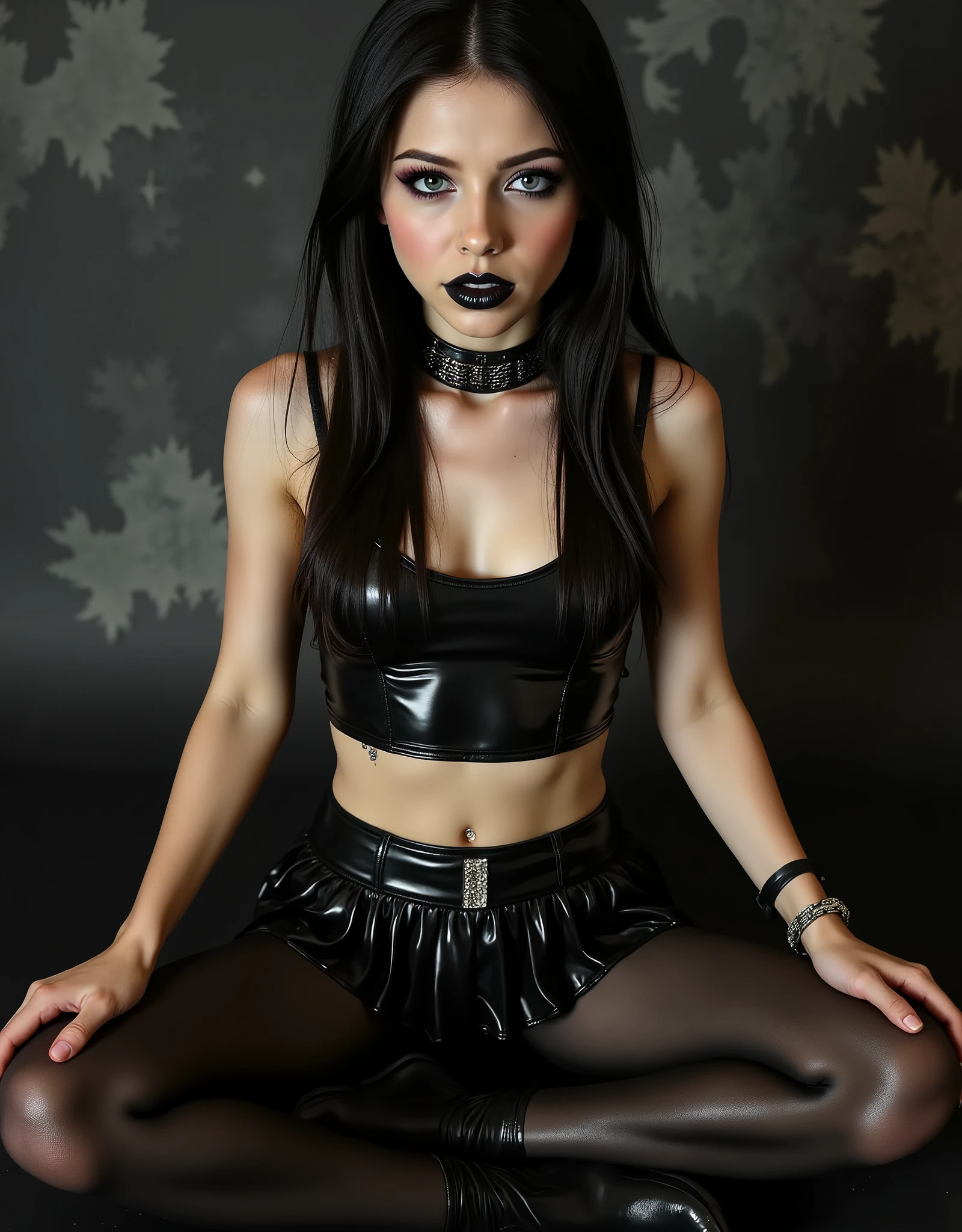 (Ultra realism:1.3), (Photorealism:1.2), (Cinematic photo:1.3), (RAW photo:1.3),
(Studio lighting:1.3), (Depth of field:1.3), (Sharp focus subject:1.2),
(Dark moody tones:1.3), (Vibrant color grading:1.2),sitting with legs spread, (wide-angle lens:1.2), (extremely skinny anorexic body:2.4), (super long skinny legs:1.9), (extremely thin waist:2.2),(super flat skinny belly), (ultra short vinyl pleated skirt:1.4), (ultra short crop top:1.3), (black pantyhose tights:1.2), (chains belt:1.3), (fashion scarf silk:1.2), (glossy wet hair effect:1.3), (smokey eye makeup:1.2), (black glossy lipstick:1.3),
(lip piercing:1.3), (tongue piercing:1.3), (navel piercing:1.2),(background is cyberpunk style).intense sultry eye contact, dark winged eyeliner, reaslistic skin texture.photorrealistic. seductive glossy cherry red lips. dark glossy goth makeup. facing the viewer. looking with lust into the viewers eyes. horny face expression. firm fake round breasts. choker. sitting upright with legs spread, thigh gap, legs spread, worshipping her master, manspreading, hands behind back, hands not visible,feet obscured and not visible