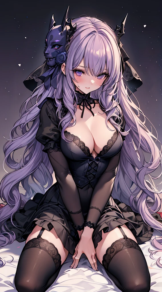 (masterpiece), best quality, expressive eyes, perfect face, long purple hair , blue eyes,??????????? ,graceful, charming ,(black wedding dress), (sleeping on a big bed), (smiles mischievously),pink skin