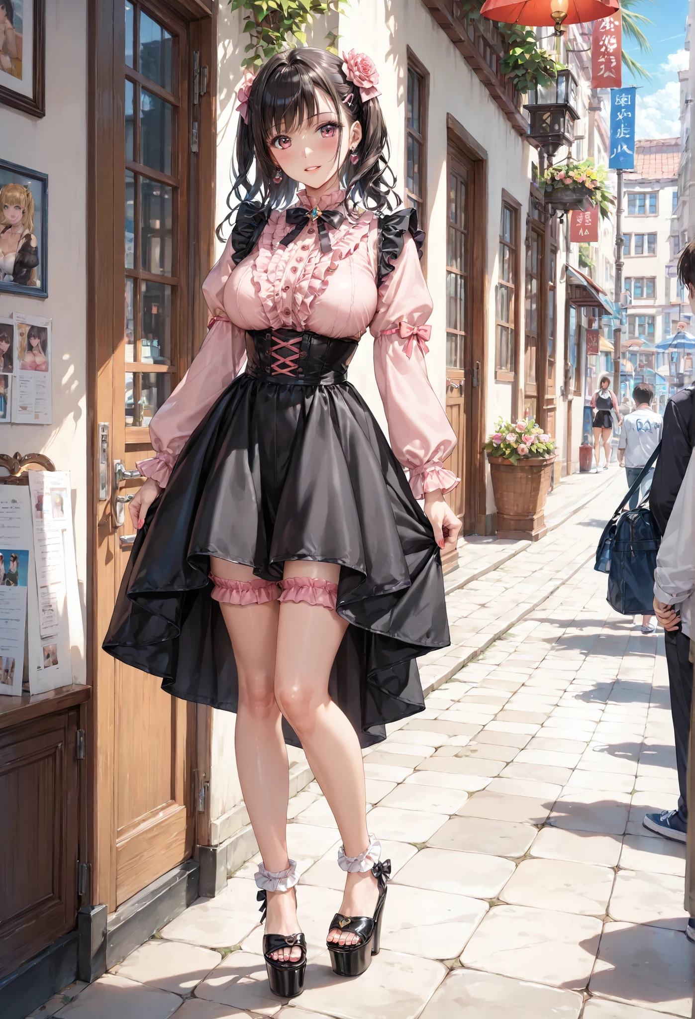 ((inspired by )),(masterpiece, best quality),beautiful, beautiful-woman, ((detailed face)).(full body:1.3).,
((The woman is wearing jirai-kei fashion)),pink frilled shirt with short puff sleeves, black neck ribbon,and high waist skirt with black frilled&laced knee-highs-socks ,(platform footwear).( ((frilled&laced socks:1.2)),,large breasts,