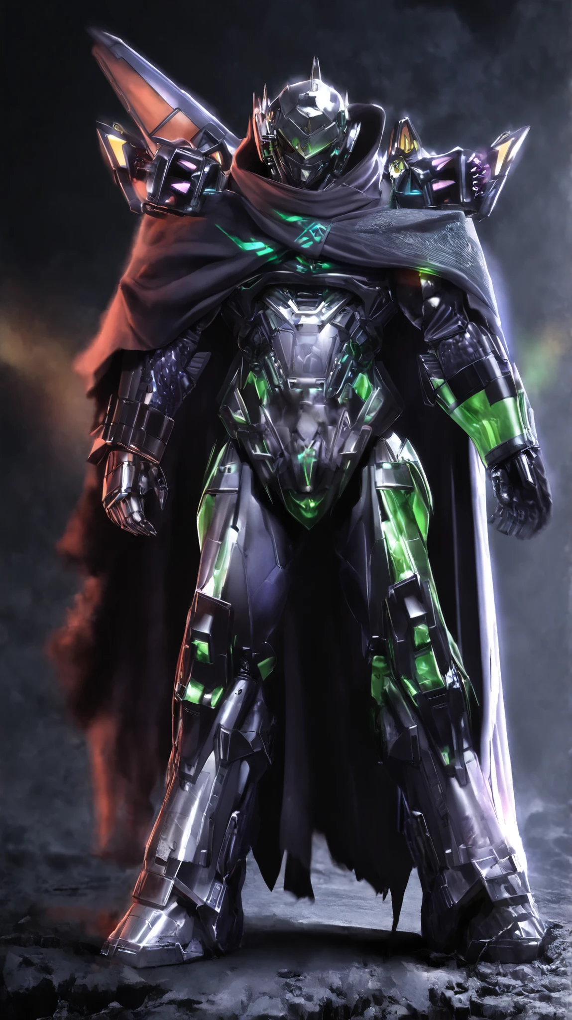 ((full body shot)),ultra realistic,shiny,reflective,bioluminic, galactic cybernetic mask,mecha,(assassin:1.2),((((cloak)))),sh4g0d,GlowingRunes_black,fullbody,cinemnatic,dark background,backlight,high contrast,an evil smirk, arm covered with tattoo, mecha armoured pants, 8 k octane render, game render, intricate artwork. octane render, trending on artstation hd, dan mumford. throwing energy in a fight (Dragon Guard ARM, GLOVES), (glod,White), (MECHA CYBER SHINY ARMORED SUIT, A PAIR MECHANICAL ARMOR:1.4), motion blur, ground destroyed. landscape view