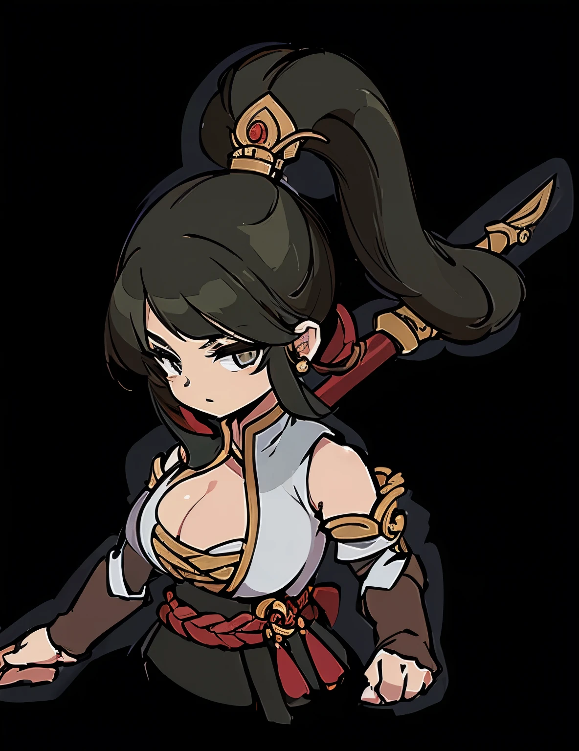 (((Top quality))) , ((full body)), female,  References , alone, (white background),  catching a cane ,Chinese Three Kingdoms costumes, Chest exposure, Big breasts, side slit skirt, Blonde