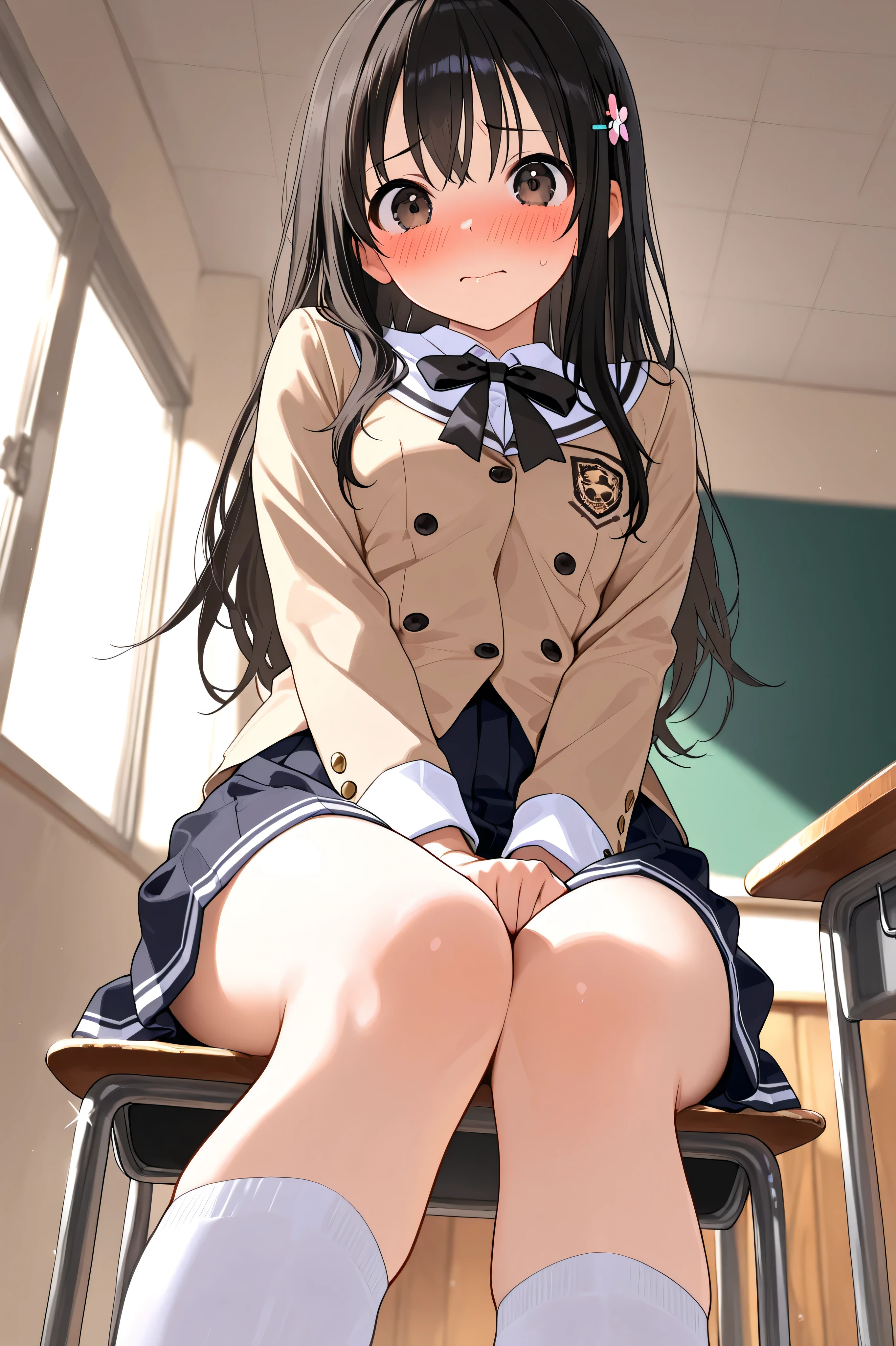 (masterpiece: 1.0), (best quality: 1.0), (ultra-detailed: 1.0), (high resolution: 1.0), (HDR: 1.2), (4k: 1.0), (detailed detail: 1.0)
BREAK
(female junior high school student:1.9), (looking at viewer), (embarrassed:1.2), (from below, Low angle:0.6), (skirt focus:0.6) ,sit