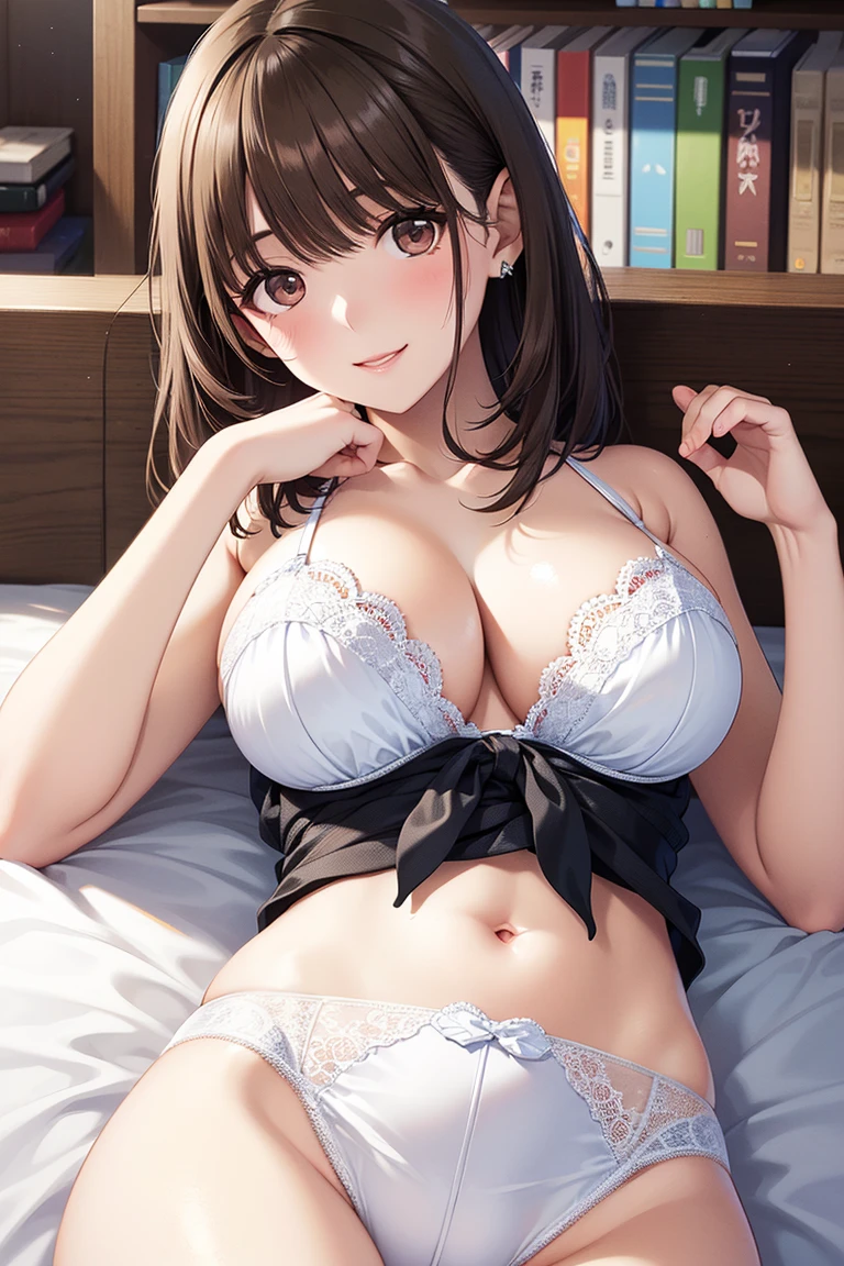 masterpiece,8K,highest quality,Super Resolution、Oversized nightwear、You can see the cleavage、Childish cuteness, Heartwarming, comfortable,Embarrassing, (masterpiece),Small ???????（:1.6）,Intimate,  morning, comfortable, Calm, Calm, quiet, Beautiful girl with perfect facial features,Lying in bed、Lie on your back and raise your arms up、The hairstyle and hair color change randomly.、Her ??????? are overflowing and her ??????? and ?????? are visible、Her ????? is rolled up and spread open to reveal her ??????? and ??????、Wearing ???? lace panties、Photographing panties、Photograph her lying down, all the way down to her feet、Shooting from a top-down perspective、