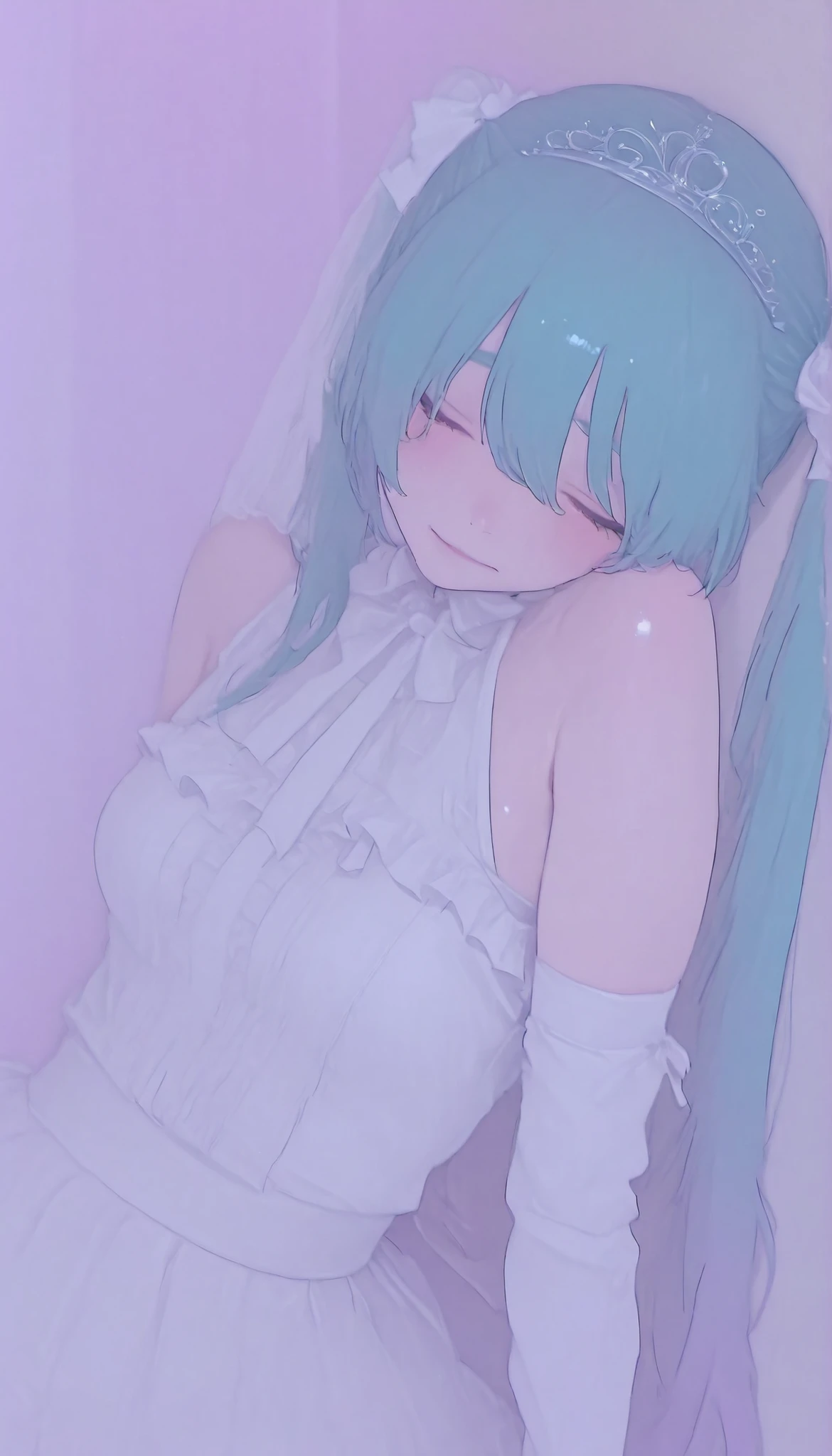 The image contains the following of elements: -、close-up、 she says 、wears a loose white wedding dress with slight frills at the edge {X} ツインテールにまとめられた長い青緑色of髪を持っているアニメスタイルofキャラクターを描写, キャラクターof曲線と輪郭を際立たせる優しい影を落とす.  she says 目を閉じる、mainly composed of pastel colors, relaxed、 she says 唇をわずかに 、彼女が頭を後ろに傾けるときof瞬間をとらえる. 彼女of髪を部分的にまとめる大きなティアラで強調されている, The color palette is soft. slightly exposes her skin, of、or. of background is minimal , Hatsune Miku、彼女of姿勢は動きを表している, Subtle lines indicate the corner of the room. probably where she stretches out, キャラクターへof注目度を高めるofに貢献する, それは遊び心ofある表情を暗示している. of lighting appears soft and diffuse, Throughout the illustration、彼女of優しく気まぐれな雰囲気を高めています.anatomically correct、