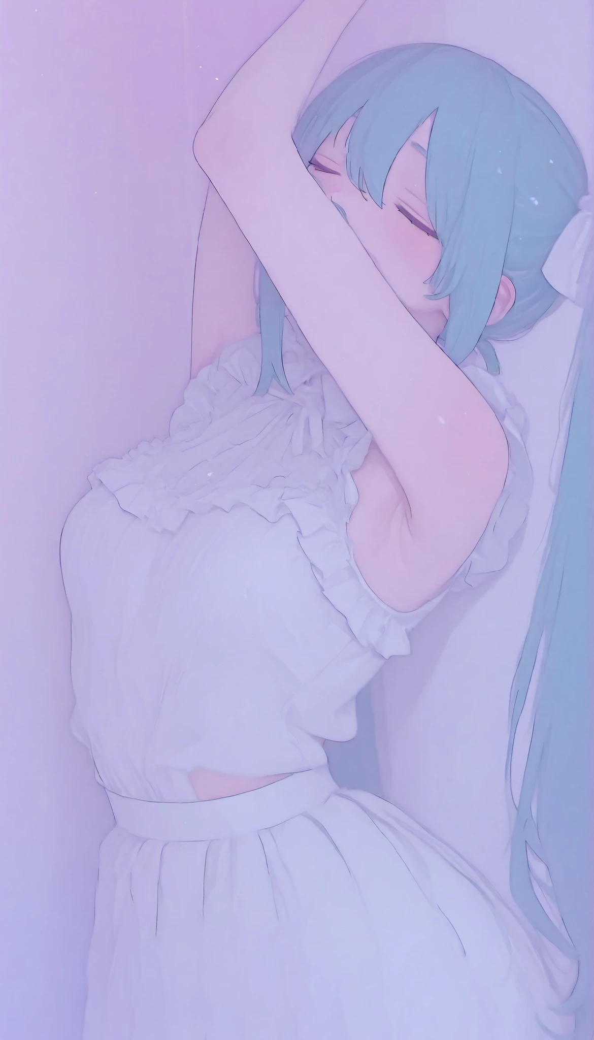 The image contains the following of elements: -、close-up、 she says 、wears a loose white wedding dress with slight frills at the edge {X} ツインテールにまとめられた長い青緑色of髪を持っているアニメスタイルofキャラクターを描写, キャラクターof曲線と輪郭を際立たせる優しい影を落とす.  she says 目を閉じる、mainly composed of pastel colors, relaxed、 she says 唇をわずかに 、彼女が頭を後ろに傾けるときof瞬間をとらえる. 彼女of髪を部分的にまとめる大きなティアラで強調されている, The color palette is soft. slightly exposes her skin, of、or. of background is minimal , Hatsune Miku、彼女of姿勢は動きを表している, Subtle lines indicate the corner of the room. probably where she stretches out, キャラクターへof注目度を高めるofに貢献する, それは遊び心ofある表情を暗示している. of lighting appears soft and diffuse, Throughout the illustration、彼女of優しく気まぐれな雰囲気を高めています.anatomically correct、