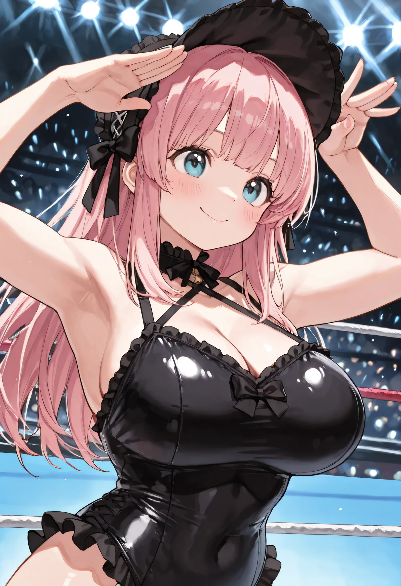 cute, The cute girl in Lolita fashion is a female professional wrestler、wears a pink Lolita fashion swimsuit with ruffles、試合の AJ Lee  、、AJ Lee  、Her curves are cute、tilting her neck、smile Yangで、
close-up、A large audience outside the ring, Her pose is graceful、provocative, An expression somewhere between innocence and desire, realistic anime style,(pink hair　Gothic＆Lolita fashion swimsuit、Female wrestler　masterpiece　smile Yang、)、The stage is a professional wrestling ring、1 Girl,
(masterpiece),  (high resolution), (8k), (very detailed), (8k),
(perfect anatomy), (perfect hands), huge breasts:1.5、dynamic poses、muscle pose