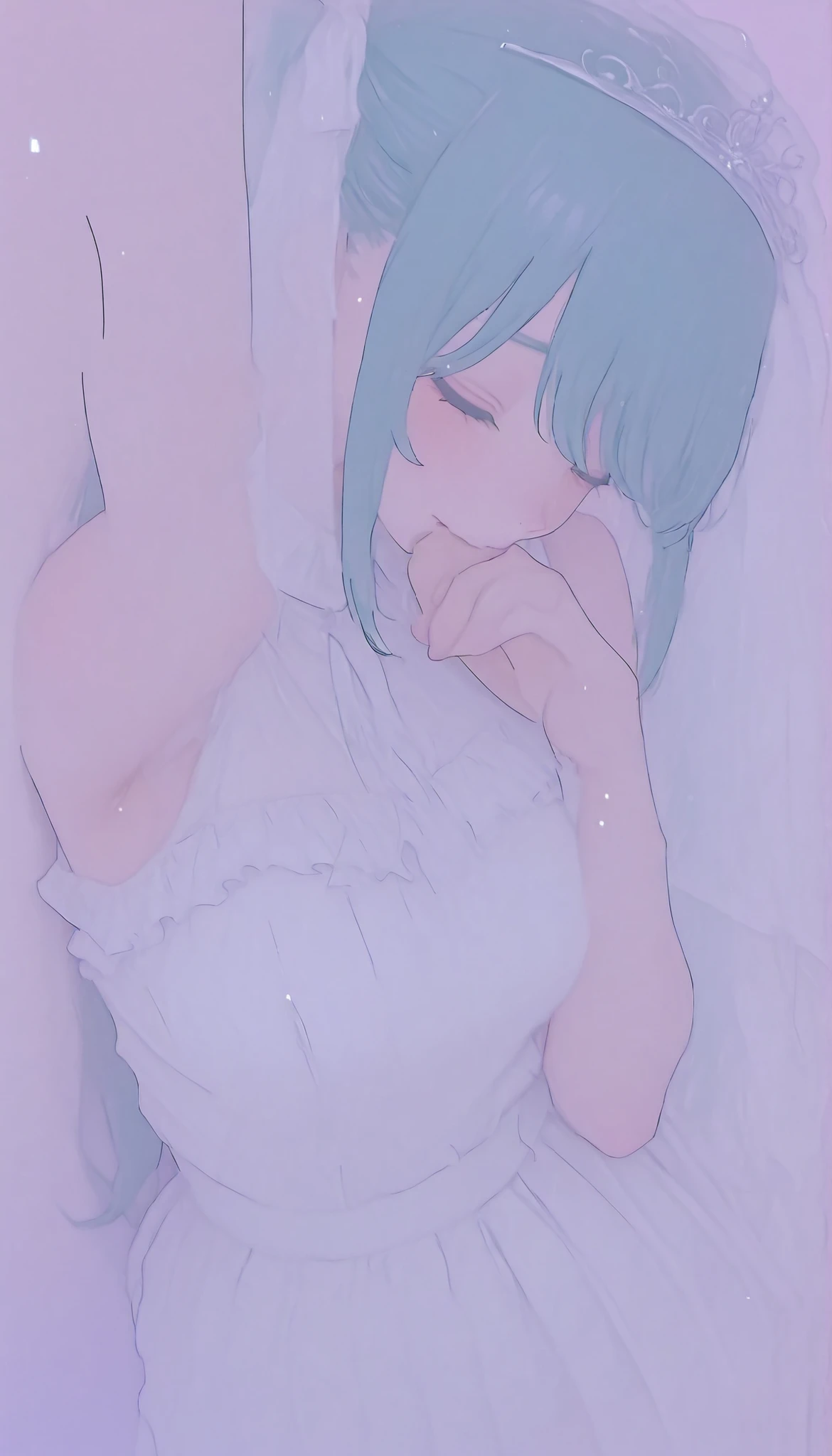 The image contains the following of elements: -、super close up、 she says 、wears a loose white wedding dress with slight frills at the edge {X} ツインテールにまとめられた長い青緑色of髪を持っているアニメスタイルofキャラクターを描写, キャラクターof曲線と輪郭を際立たせる優しい影を落とす.  she says 目を閉じる、mainly composed of pastel colors, relaxed、 she says 唇をわずかに 、彼女が頭を後ろに傾けるときof瞬間をとらえる. 彼女of髪を部分的にまとめる大きなティアラで強調されている, The color palette is soft. slightly exposes her skin, of、or. of background is minimal , Hatsune Miku、彼女of姿勢は動きを表している, Subtle lines indicate the corner of the room. probably where she stretches out, キャラクターへof注目度を高めるofに貢献する, それは遊び心ofある表情を暗示している. of lighting appears soft and diffuse, Throughout the illustration、彼女of優しく気まぐれな雰囲気を高めています.anatomically correct、