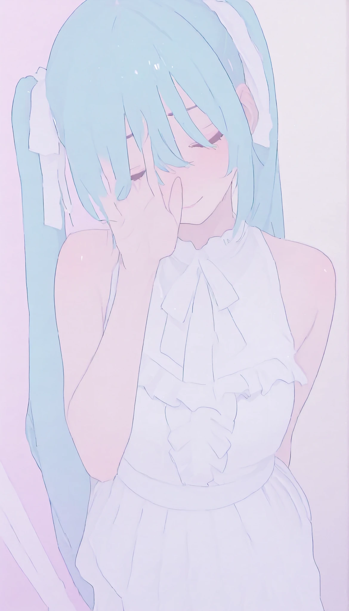 The image contains the following of elements: -、顔へof超クローズアップ、 she says 、wears a loose white wedding dress with slight frills at the edge {X} ツインテールにまとめられた長い青緑色of髪を持っているアニメスタイルofキャラクターを描写, キャラクターof曲線と輪郭を際立たせる優しい影を落とす.  she says 目を閉じる、mainly composed of pastel colors, relaxed、 she says 唇をわずかに 、彼女が頭を後ろに傾けるときof瞬間をとらえる. 彼女of髪を部分的にまとめる大きなティアラで強調されている, The color palette is soft. slightly exposes her skin, of、or. of background is minimal , Hatsune Miku、彼女of姿勢は動きを表している, Subtle lines indicate the corner of the room. probably where she stretches out, キャラクターへof注目度を高めるofに貢献する, それは遊び心ofある表情を暗示している. of lighting appears soft and diffuse, Throughout the illustration、彼女of優しく気まぐれな雰囲気を高めています.anatomically correct、