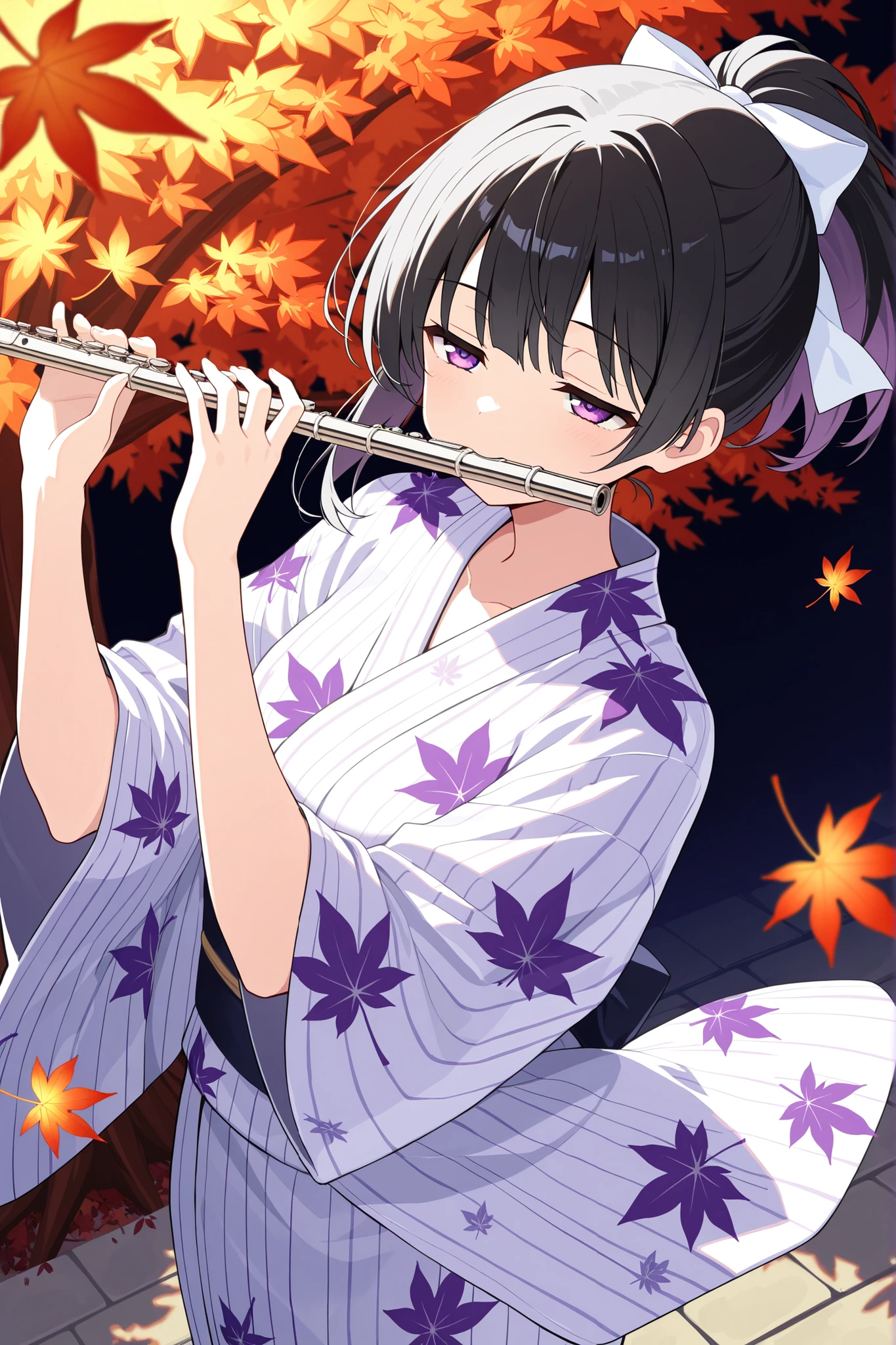 ((masterpiece),(absurdres),(ultra detailed),(beautiful detailed),solo lady,(21-year-old),black hair,purple eyes,(shoulder length hair,short ponytail,highponytail),bangs,(1white hairribbon:0.8),(middle breast:0.7),(floral yukata,playing FLUTE,metallic texture flute,looking up,half-closed eyes),dynamic angle,looking up,floating purple music score:1.3,no mouth,maple leaves,floating maple leaves,light up maple tree,heaven atmosphere,cowboy shot,perfect fingers detailed,レイナ