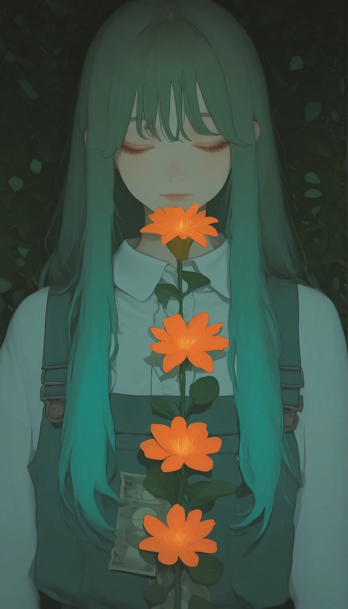The serene image 、The young woman is surrounded by vibrant foliage。, Accented by bold orange flowers。. Her profile is elegantly positioned、, with eyes gently closed, suggests stillness and introspection. Her hair is a vibrant teal color、, flows gracefully down the back、, and is adorned with matching floral elements。, Deepening your connection with nature. Background、Leaves in shades of green are layered in an artistic collage、, Brown, Money and, Creates depth and a sense of unity between the subject and the surrounding environment。. light shines in, which casts soft shadows and highlights, Enhancing the overall atmosphere of calm and harmony。. The composition balances vibrant colors with delicate details。, The image exudes a feeling of modern illustration and natural beauty。. The image evokes a sense of peace and connection to the earth。, The emotional nuance transcends the boundaries of digital art。.