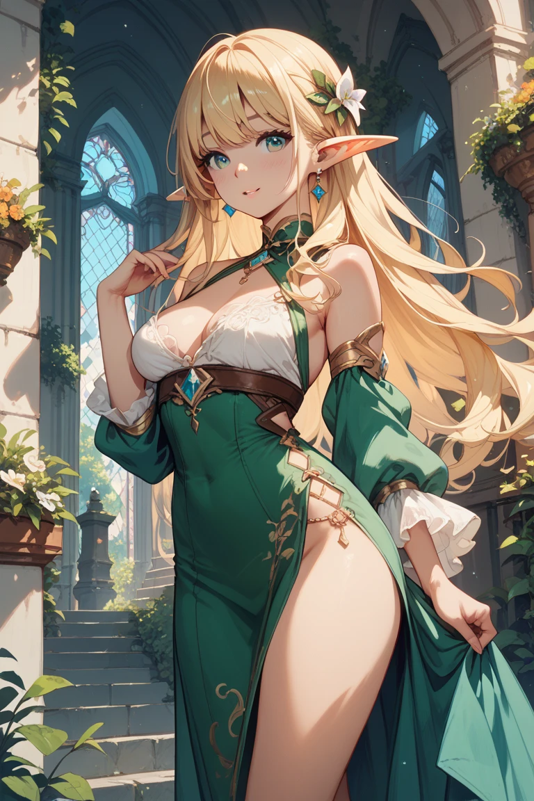 age30,mature,anime,elf,woman,blonde,tall,SFW busty,voluptuous,SFW huge breasts,curvy,intricate detailed long dress,mint green eyes