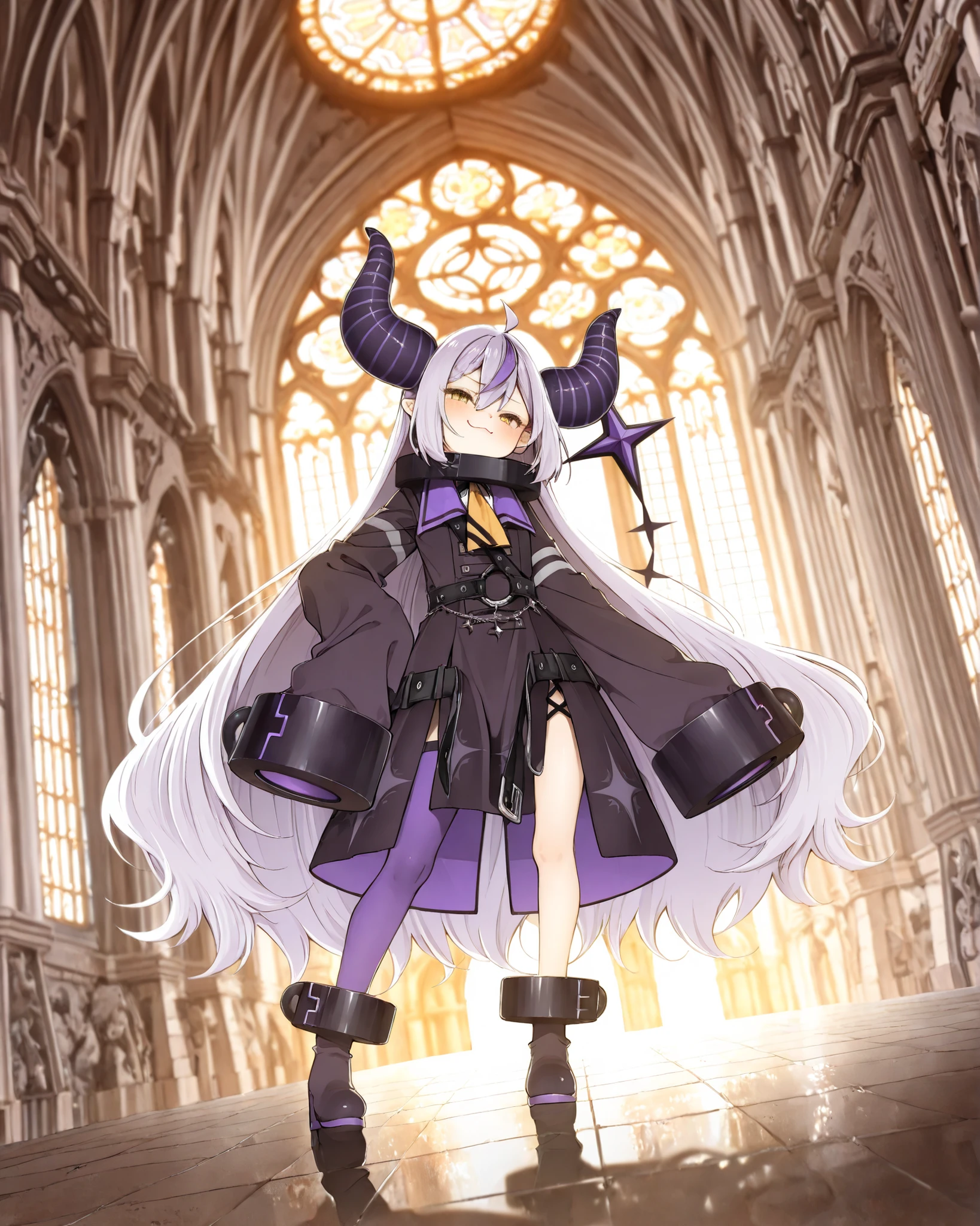 ((Abara Heiki style)), ((Laplus Darknesss)), ((Masterpiece)), ((best quality, amazing quality)), ((very aesthetic, absurdres, newest)), (backlighting), ((detailed background, negative space, blurry background, depth of field, Asymmetrical background)), (dynamic angle, wide shot, from side), ((1girl)), Cute young Girl, (Healthy Gaunt body, Textured skin, small , tilt head), (gold glitter eyes, gradient eyes, averting eyes, looking at side), ((smug)), skinfang, silky long hair, ((stylish pose)), (cute cheeks), glossy lips, pouty lips, (lower eyelashes), black dress, ((1girl)), ct_l4plus, sleeves past fingers, metal collar, purple coat, yellow ascot, sleeves past fingers, single thighhigh, purple thighhigh, (contrapposto, loose standing on the majestic cathedral, aged floor), indoor, graffiti roses, under the Opulent stained glass), outstretched leg, dust in the air, (european architecture), ct_l4plus,
