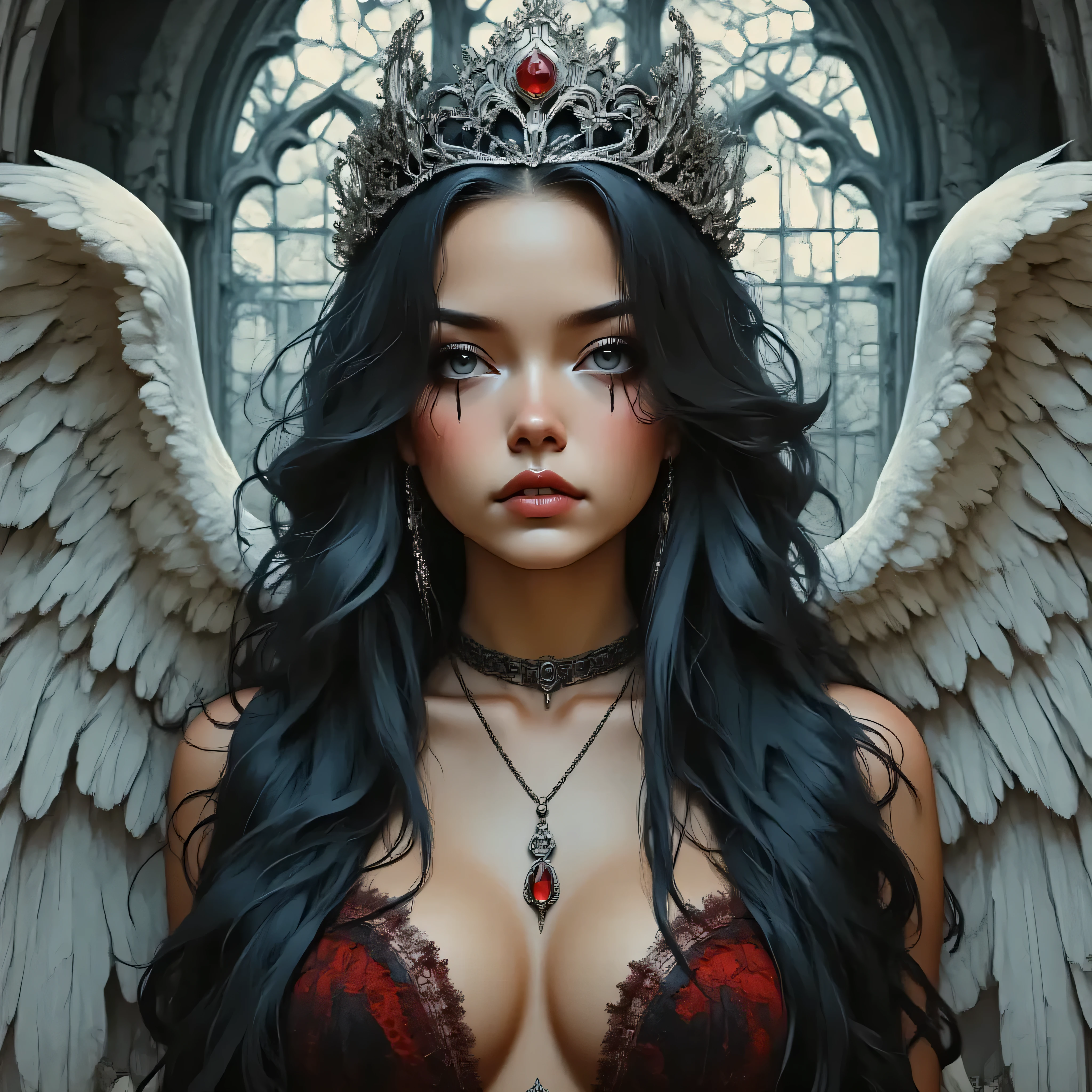 (dark fallen angel) (seductive and beautiful woman), looking directly at the viewer, long wavy black hair, (deep plunging neckline) blood-red and black velvet dress, pale skin, (dramatic gothic makeup), dark crimson lips, intense black winged eyeliner, (blood tears) dripping from eyes, dark ruby pendant necklace, matching earrings, (elaborate gothic crown/tiara), (massive white luminous wings) framing her, background: (ruined gothic cathedral) or crypt interior, large arched gothic window, (dramatic divine light), (chiaroscuro), dark fantasy art, hyperdetailed digital painting, octane render, unreal engine, photorealistic, 8k, masterpiece.