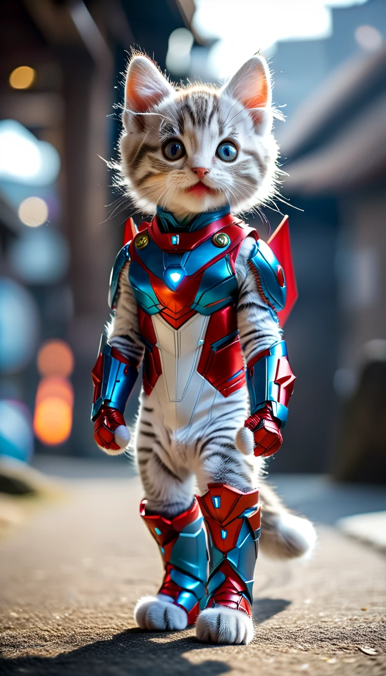 small, There are no humans in this world、The world of anthropomorphized cats、Full body Iron Man mark１Wearing a suit、Iron Man Mark 1、prototype、The arc reactor emits blue light、desert、かわいいbornき物全身, Costumes,、 Fantasy art, Exquisite detail, An anthropomorphic, fat, furry tabby kitten with yellow eyes, Movie Scenes, Dramatic shot angles, , Realistic, born々Amazing cinematic photorealism, Action Portrait, 8K, detailed, Full Frame