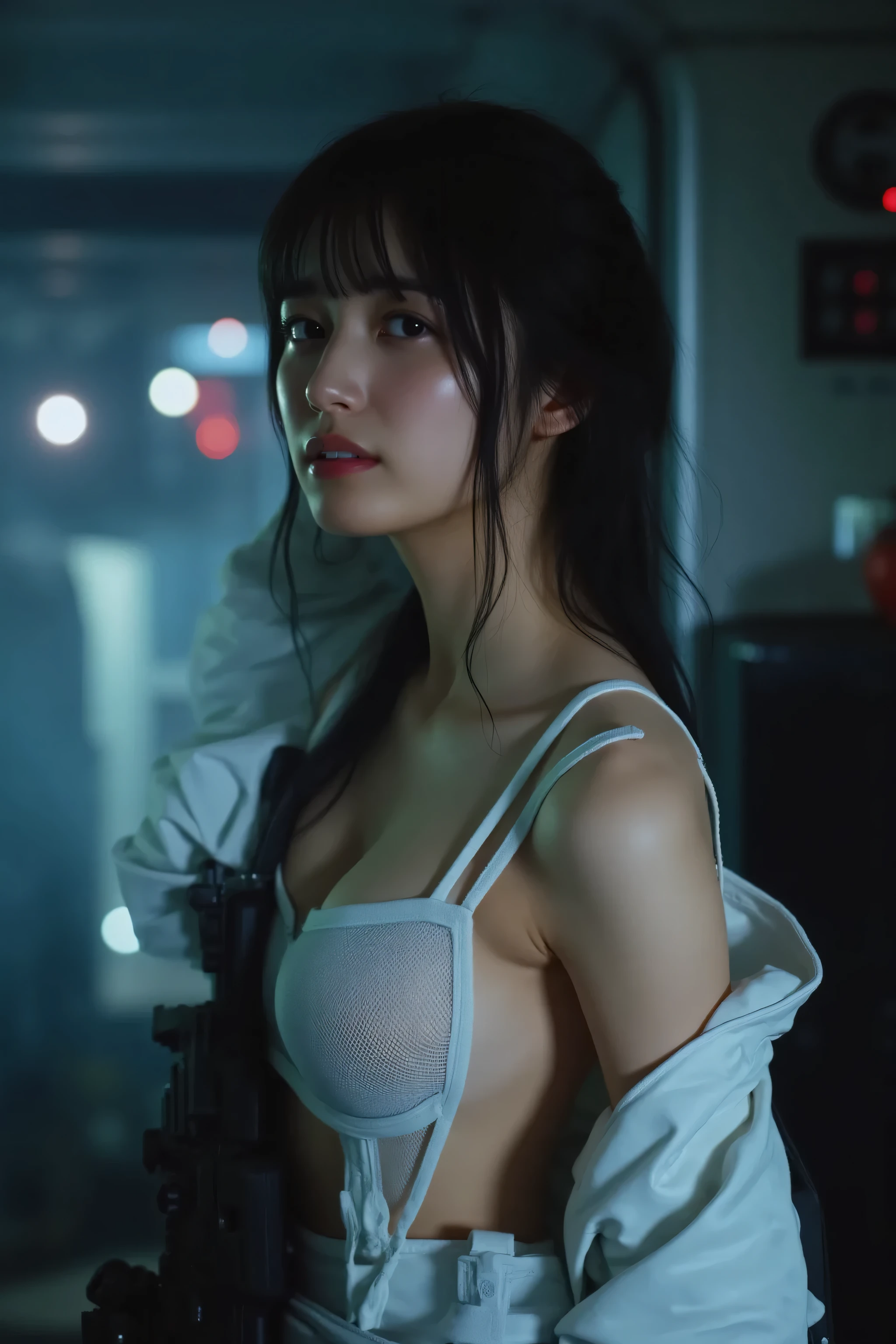 (((Inside a dark spaceship:2.0))),(((HR Gigger Style Cyberpunk Atmosphere:2.0))),Side view from back,Side pose,((look back at camera:2.0)),((looking back over the shoulder:2.0)),back view,one woman,(cute faces getting creampied:1.7),(Beautiful well-balanced face :1.7),((long wavy hair:2.0)),(dark haired:1.5),(beautiful eyes:1.3),Glamorous Shot of a 20-Year-Old Japanese Woman,Beautiful Slender Body,(((model body type:2.0))),((slim body:2.0)),Perfect Body Line,Attractive Eye Expression,(big breasts:2.0),((スリーサイズ90-58-86:3.0)),((G cup breasts:2.0)),Big Breasts,Bare thighs,sensual thighs,delicate body,(muscular:1.5),(wet:1.7),natural posture,((beautiful tight butt:2.0)),((cute ass:2.0)),(Carefully depict limbs based on perfect anatomy:2.0),((White Special Forces Style Harness Super High Leg Leotard:2.0)),((super high leg leotard with wide open chest:2.0)),((((white military jacket with open front:2.0))),((tactical holster:2.0)),(((thick fishnet tights:2.0))),((tactical holster:1.5)),(Gloves:1.3),Concept Art,(Highest Quality:1.5),(masterpiece:1.5),(超高Resolution),Resolution,UHD,(Delicate Description),carefully drawn,32k,((Realistic Skin Texture:1.5)),(((Super Realistic:1.5))),carefully drawn eyelashes,Highly Detailed Faces,highly detailed female hands,very sensual,(Blurry, dim background:1.5),professional photography,(Movie Lights:2.0),((Blade Runner Style Lighting:2.0))