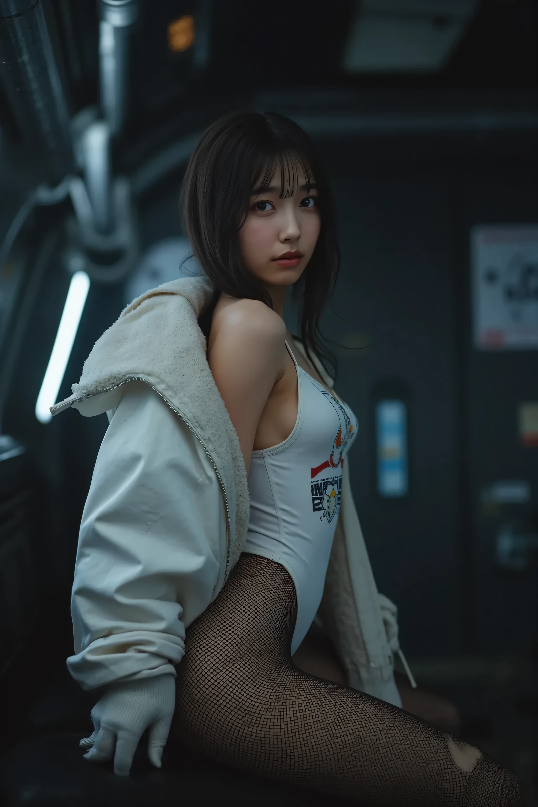 (((Inside a dark spaceship:2.0))),(((HR Gigger Style Cyberpunk Atmosphere:2.0))),Side view from back,Side pose,((look back at camera:2.0)),((looking back over the shoulder:2.0)),back view,one woman,(cute faces getting creampied:1.7),(Beautiful well-balanced face :1.7),((long wavy hair:2.0)),(dark haired:1.5),(beautiful eyes:1.3),Glamorous Shot of a 20-Year-Old Japanese Woman,Beautiful Slender Body,(((model body type:2.0))),((slim body:2.0)),Perfect Body Line,Attractive Eye Expression,(big breasts:2.0),((スリーサイズ90-58-86:3.0)),((G cup breasts:2.0)),Big Breasts,Bare thighs,sensual thighs,delicate body,(muscular:1.5),(wet:1.7),natural posture,((beautiful tight butt:2.0)),((cute ass:2.0)),(Carefully depict limbs based on perfect anatomy:2.0),((White Special Forces Style Harness Super High Leg Leotard:2.0)),((super high leg leotard with wide open chest:2.0)),((((white military jacket with open front:2.0))),((tactical holster:2.0)),(((thick fishnet tights:2.0))),((tactical holster:1.5)),(Gloves:1.3),Concept Art,(Highest Quality:1.5),(masterpiece:1.5),(超高Resolution),Resolution,UHD,(Delicate Description),carefully drawn,32k,((Realistic Skin Texture:1.5)),(((Super Realistic:1.5))),carefully drawn eyelashes,Highly Detailed Faces,highly detailed female hands,very sensual,(Blurry, dim background:1.5),professional photography,(Movie Lights:2.0),((Blade Runner Style Lighting:2.0))