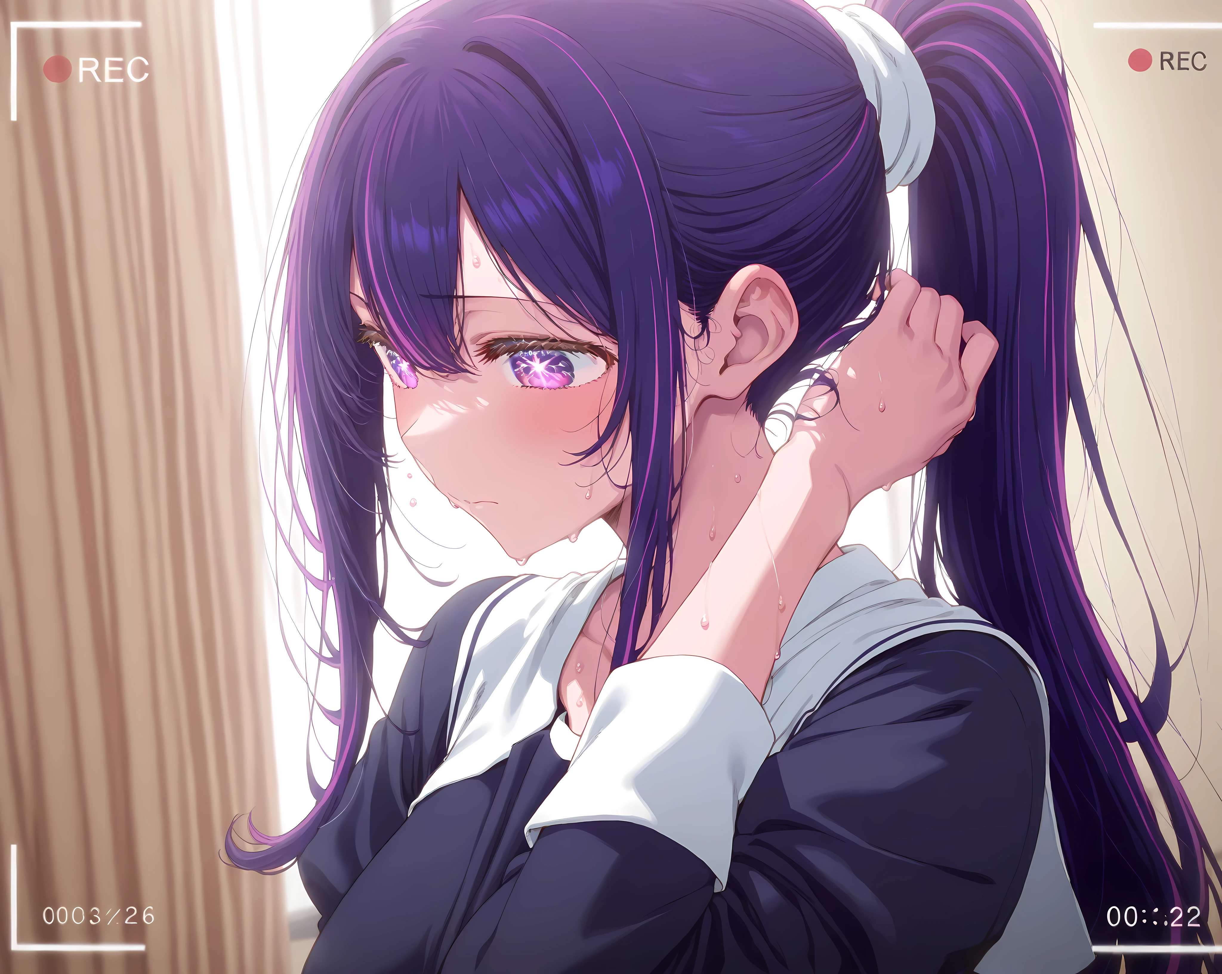 ​masterpiece、ighly detailed、1 girl、busty、purple color  hair、ponytail hair、habit 、recording、clothes 、track 、sweat 、8K、hoshino ai、