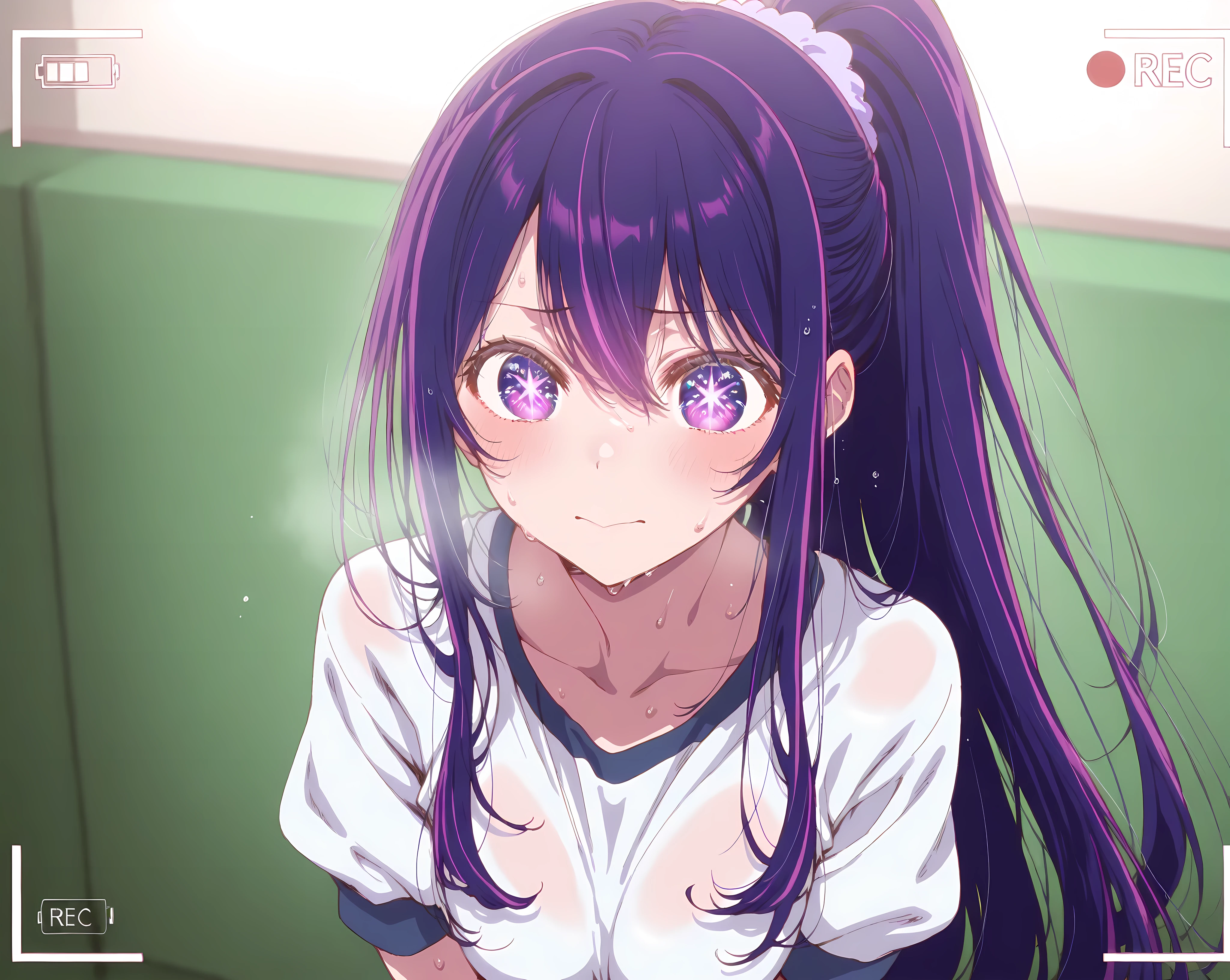 masterpiece、ighly detailed、1 girl、busty、purple color hair、ponytail hair、habit 、recording、clothes 、track 、sweat 、8K、hoshino ai、