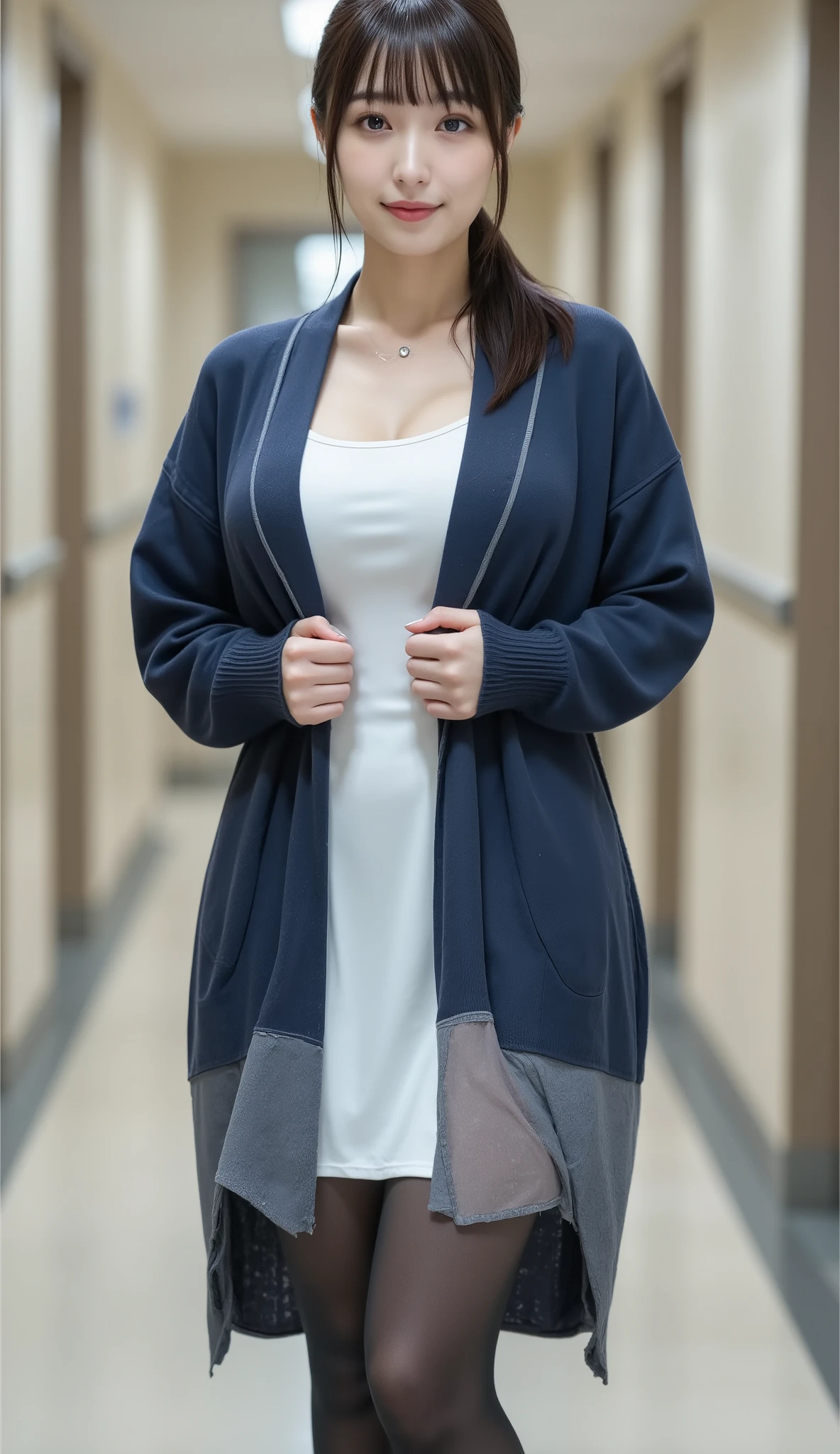 Highest Quality,photographic clarity,8K Ultra High Resolution 、 Highest Image Quality 、masterpiece, very detailed about the trend , 詳細なclothingの特徴 , high definition model , Inside the hospital, beautiful Japanese women by kouenn , ONE WOMAN, Distant Subjects , Women at a Distance ,(lean forward、woman staring inside:2.3),(I can clearly see the top of my head :2.0),( drawing:1.5),Model stand, anatomically accurate,torii and sha that enshrines hot springs,(Full Body:2.3)、(wide angle:2.3)、( Full Bodyショット:2.3), (wide shot:2.3), (Dutch angle shot:2.5), ホワイト nurseキャップ , dark haired、 bob hair, ponytail, straight hair per sheet、Hair over the ears、Bang、smile、 Small Faces、 young and cute Japanese face , textured skin,clothing(( white dress nurse uniform + dark blue cardigan + black tights for hypnosis):1.5), nurse,(Japanese nurse:1.5),glamorous body、( big boobs:1.5)、(E cup:1.5)、( Bold Cleavage :1.5)、 attractive woman with good style , slit miniskirt,( Black Stockings:1.5),