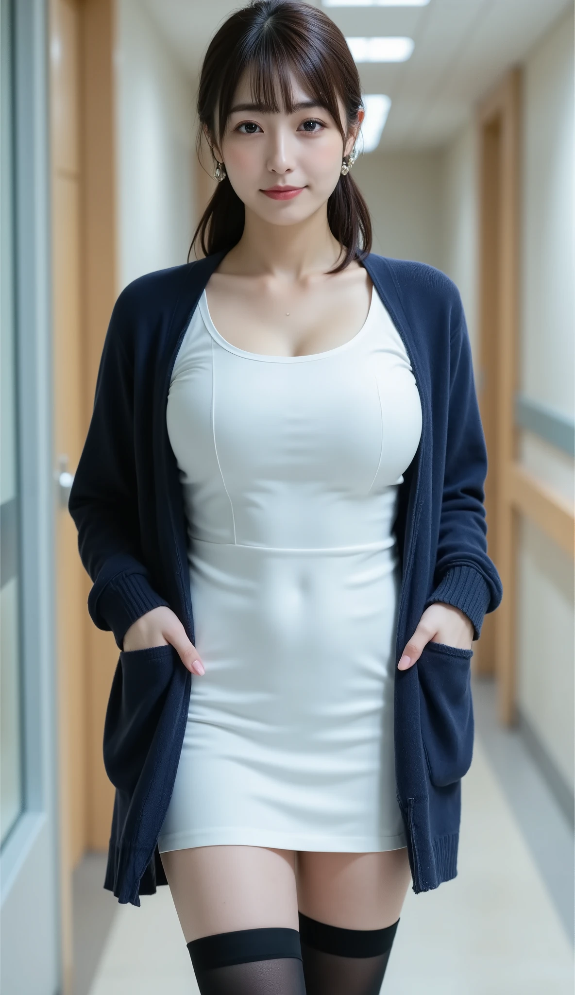 Highest Quality,photographic clarity,8K Ultra High Resolution 、 Highest Image Quality 、masterpiece, very detailed about the trend , 詳細なclothingの特徴 , high definition model , Inside the hospital, beautiful Japanese women by kouenn , ONE WOMAN, Distant Subjects , Women at a Distance ,(lean forward、woman staring inside:2.3),(I can clearly see the top of my head :2.0),( drawing:1.5),Model stand, anatomically accurate,torii and sha that enshrines hot springs,(Full Body:2.3)、(wide angle:2.3)、( Full Bodyショット:2.3), (wide shot:2.3), (Dutch angle shot:2.5), ホワイト nurseキャップ , dark haired、 bob hair, ponytail, straight hair per sheet、Hair over the ears、Bang、smile、 Small Faces、 young and cute Japanese face , textured skin,clothing(( white dress nurse uniform + dark blue cardigan + black tights for hypnosis):1.5), nurse,(Japanese nurse:1.5),glamorous body、( big boobs:1.5)、(E cup:1.5)、( Bold Cleavage :1.5)、 attractive woman with good style , slit miniskirt,( Black Stockings:1.5),