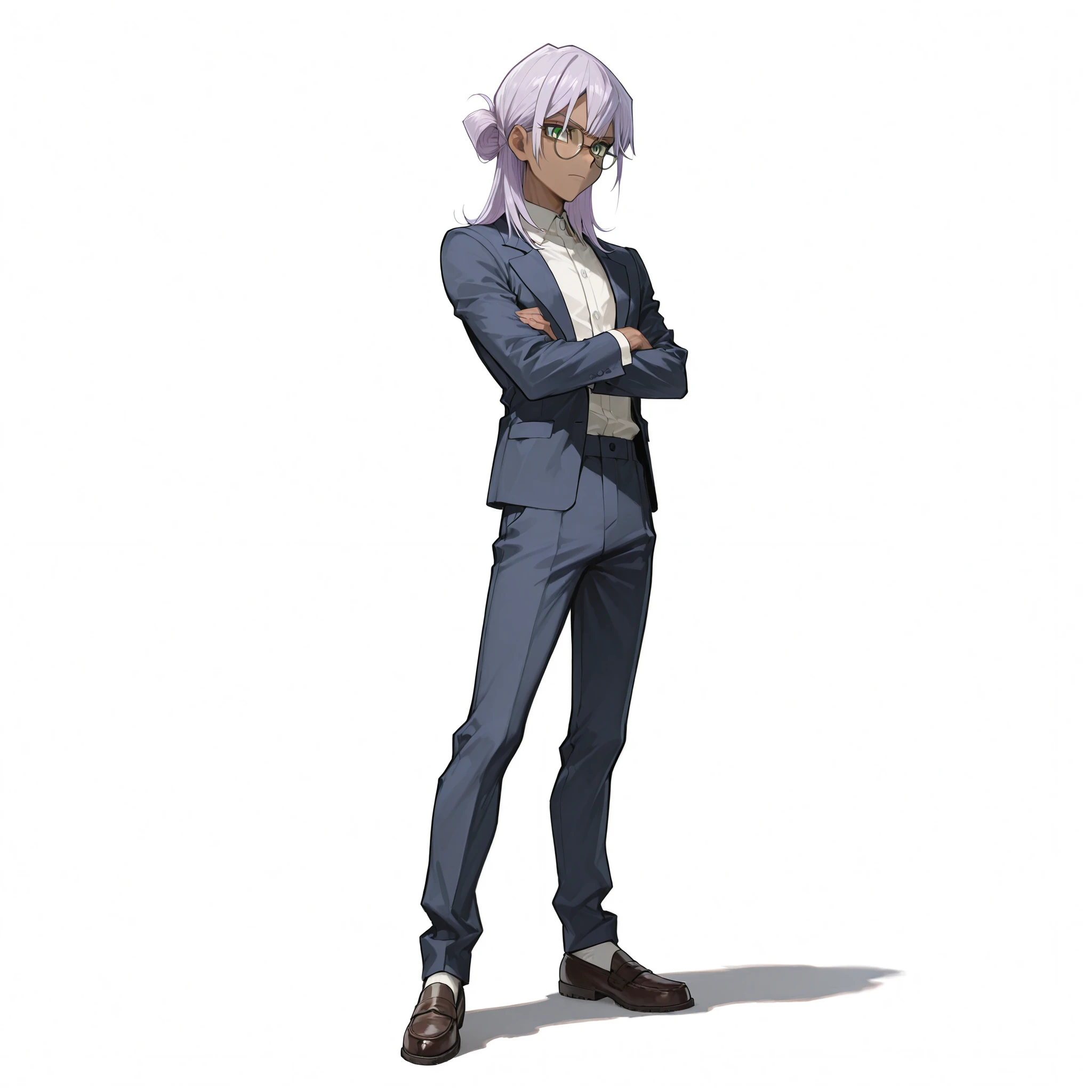(male), (old man, round glasses), (slim body), (dark skin), (light purple hair), (medium straight hairstyle with bangs), (green eyes), (serious expression), (solo), (single character), (full body version), (white background), (no background), (highly detailed), (shadow), (standing pose with crossed arms), (natural light), (detailed outfit), (detailed hand), (detailed face), (detailed hair)
Wearing a casual stylish suit with a fitted blazer over a simple shirt, slim trousers, and loafers. No weapon. (Yu-Gi-Oh style art)