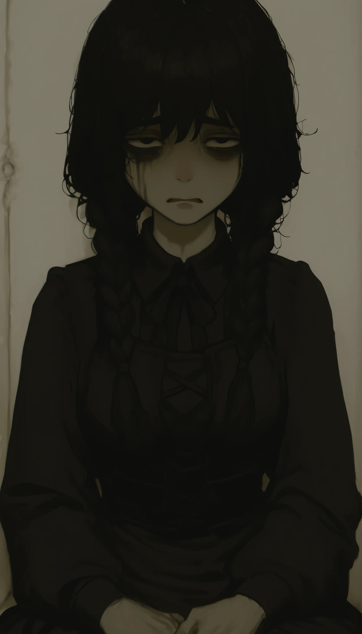 profile、dark hair、braids、Photo of a very beautiful woman with pigtails and a nice black dress, sad expression , 不機嫌でsad expression ,  emotional sad painting  ,  Tired and worried look,  Portrait of a depressed girl, Sadness Incarnate  , Preparing for,  Melancholic art, Gloomy and depressing ,  Made in a spooky graveyard ,   bride art style,  Suicidal girl sitting in an empty white room, expression of sadness looking into the surface of the lake、thick mist、Gothic Horror、 style beauty