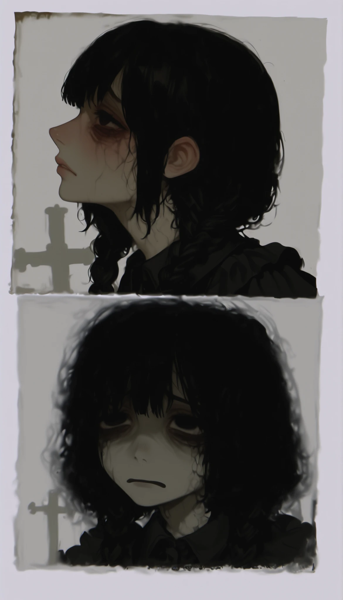 profile、dark hair、braids、Photo of a very beautiful woman with pigtails and a nice black dress, sad expression , 不機嫌でsad expression ,  emotional sad painting  ,  Tired and worried look,  Portrait of a depressed girl, Sadness Incarnate  , Preparing for,  Melancholic art, Gloomy and depressing ,  Made in a spooky graveyard ,   bride art style,  Suicidal girl sitting in an empty white room, expression of sadness looking into the surface of the lake、thick mist、Gothic Horror、 style beauty