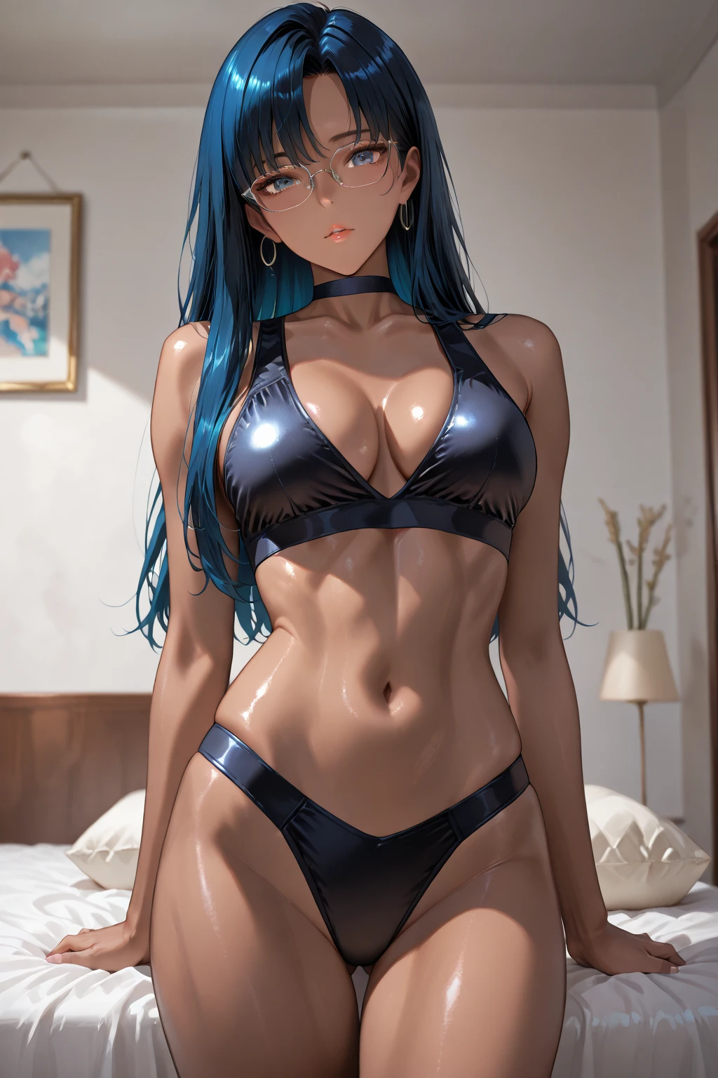 Minya Johnson, Mini Yaemori, long hair, bangs, black hair, blue hair, (Purple eyes: 1.1), multicolored hair, blunt bangs, highlighted hair, Ahoge, (wearing a very short and  ), black high heel shoes tall, muscular thighs, muscular abdomen, thin waist, wide , all wet with sweat, Looking at the spectators, (masutepiece: 1.2), best quality, high resolution, Unity 8k wallpaper, (illustration: 0.8), (beautiful Detailed eyes: 1.6), More detailed face, perfect lighting, extremely detailed CG, (perfect hands, perfect ) mforah、Double Teeth、show smiles、,Looking at the Viewer,
