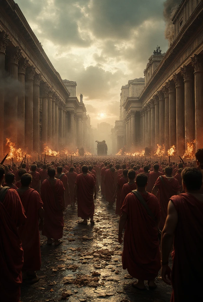 A dramatic 4K ultra-realistic image of ancient Rome in chaos - SeaArt AI