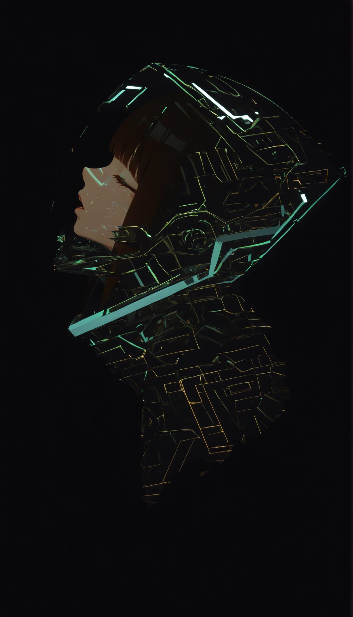 profile、Graphic Design，，blank， 1 Color Glass Clear 3D Portrait Sculpture，Rough surface finish ， Facial Luminescence Line ，simple， Minimalism ， Beautiful Japanese high school girl， The expression being tickled、Matching bangs、dark hair、 Elegant soft colors ， cyberpunk suit， futuristic full face helmet、dark background、chamfer 
