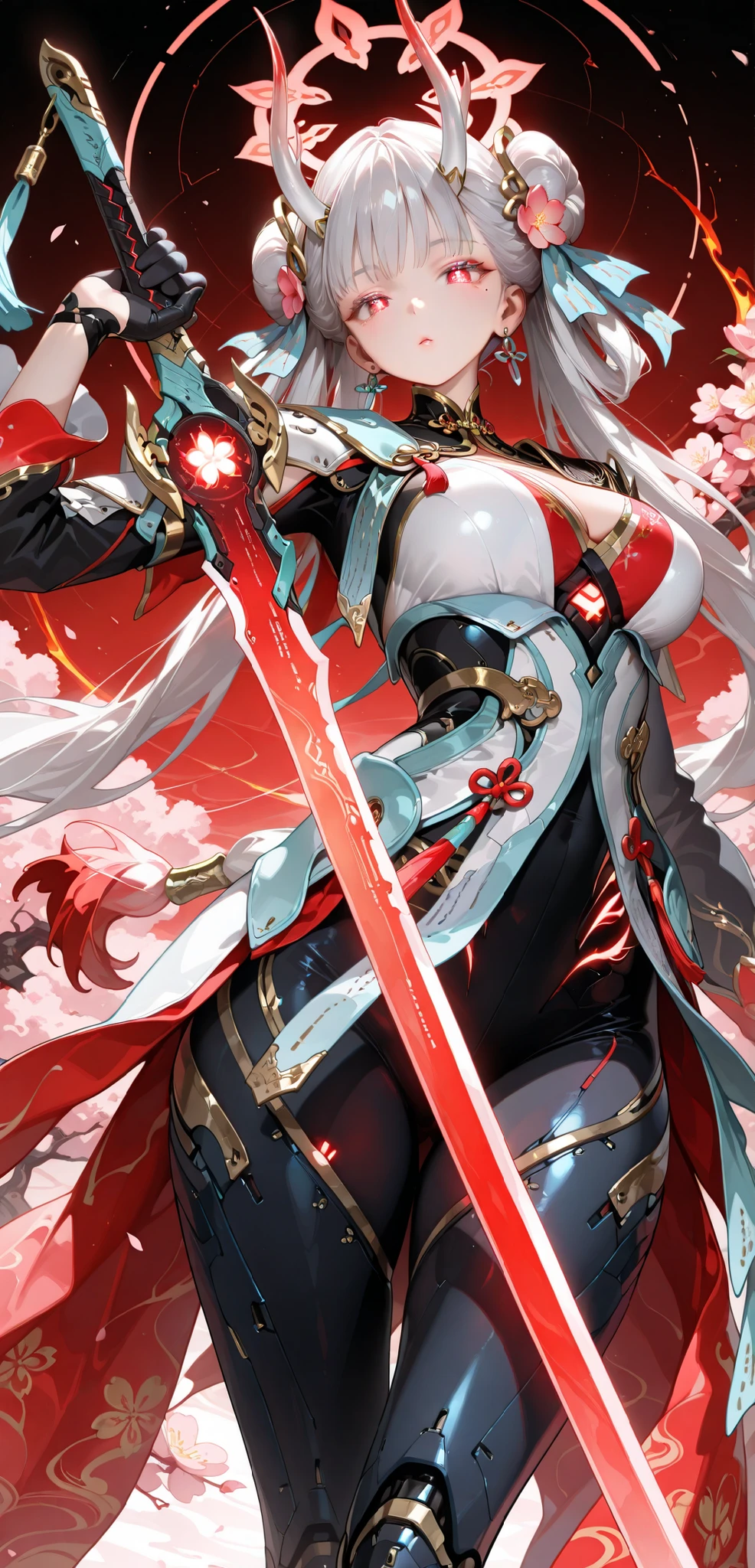 (masterpiece, detailed:1.2), ultra high res,photorealistic,8K UHD,hyper-detailed, newest, cute, woman, solo, 1girl, jinhsi:TaoYaoZhuoZhuo\(wuthering waves\), red eyes, amorous eyes, mole, mole under eye, flower, peach blossom, hair bun, double bun, headgear, halo, horn, ribbon, jewelry, grey hair, long hair, earrings, wearing a ((gorgeous armor, glowing, red and white clothes, Futuristic Suit)), mechanical legs, , holding sword, looking at viewer