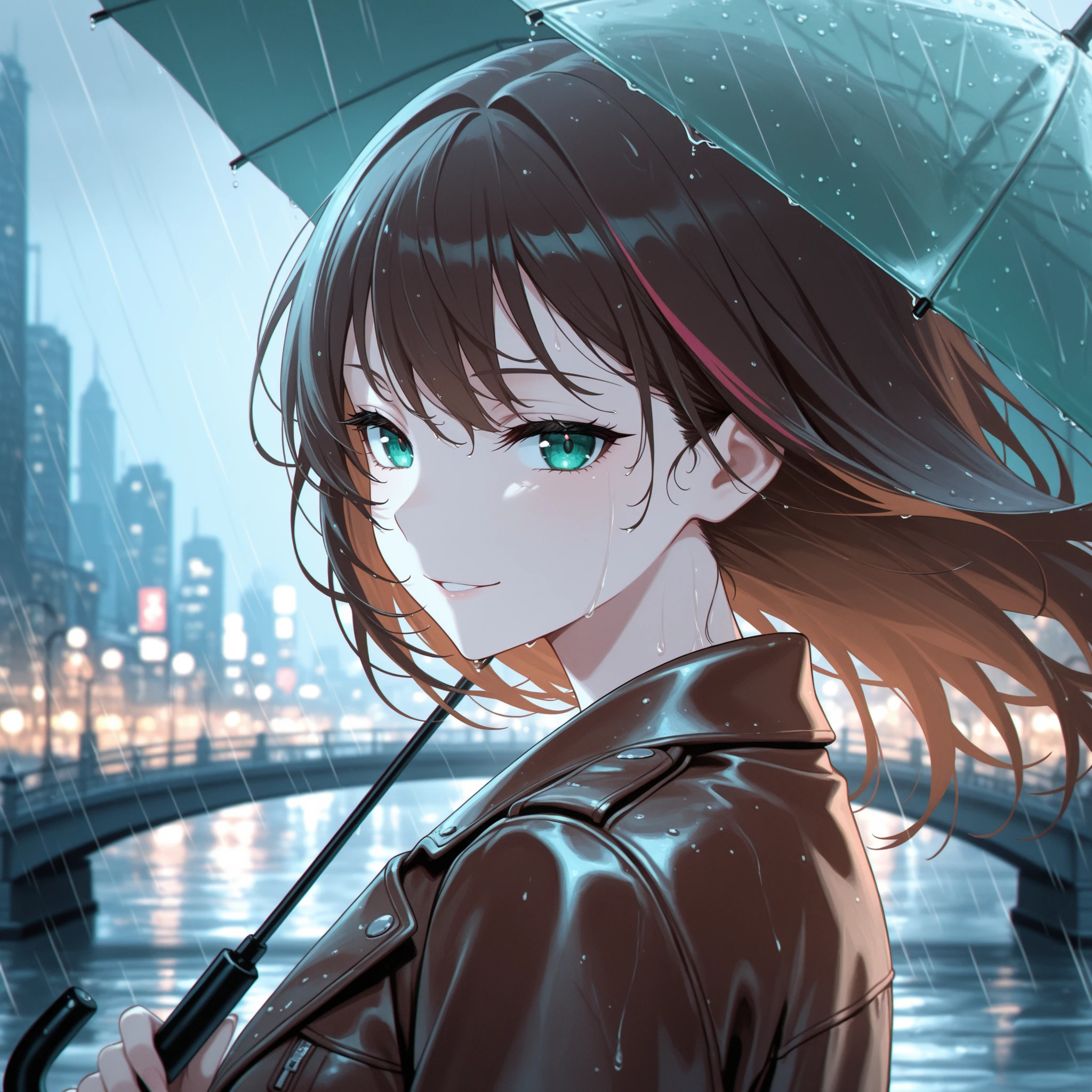 wide shot,4K, 8K, masterpiece, Highest quality, Upper Body, One girl,city, night,rain,london, black hair, night sky