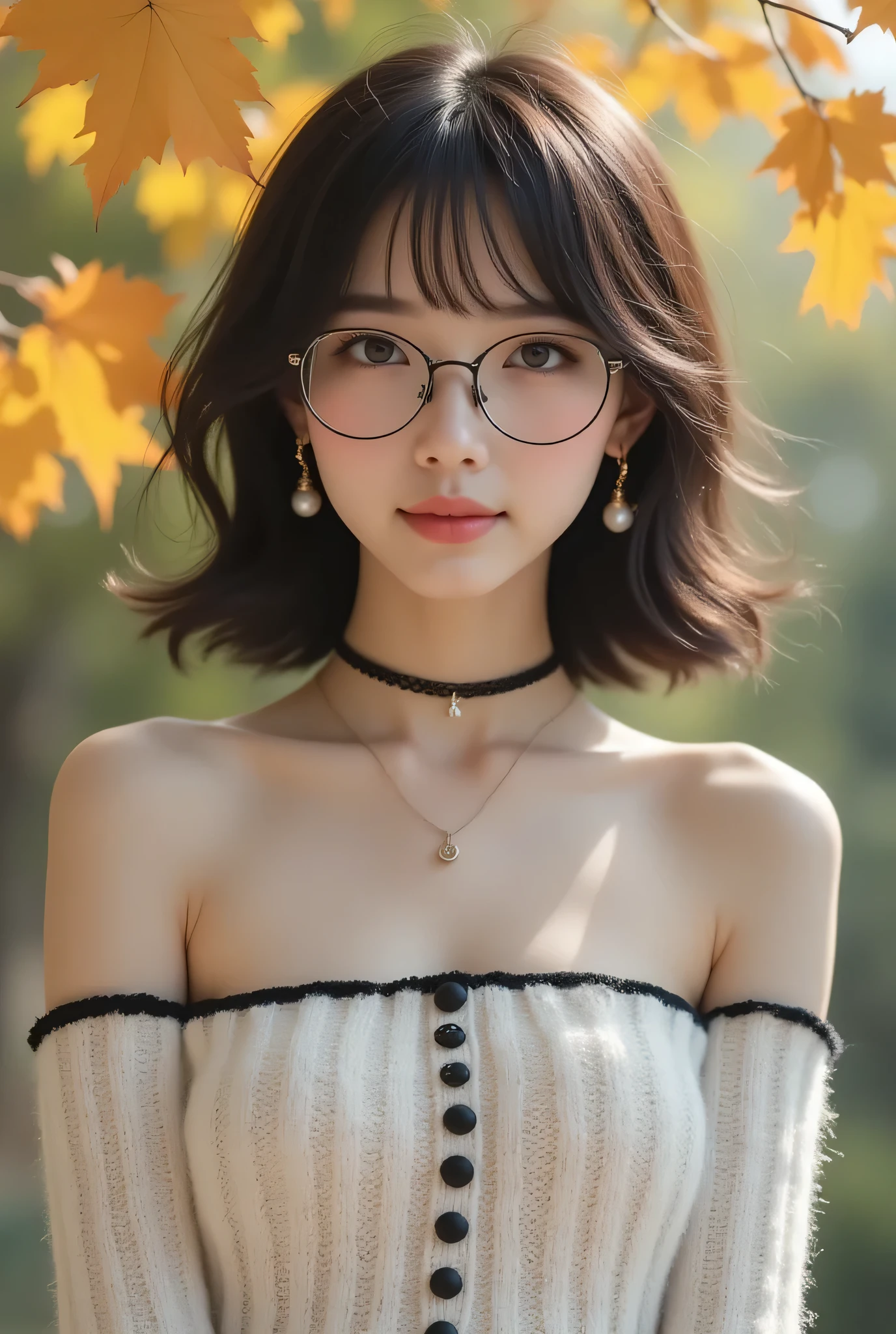 long hairが風に軽くなびき、Looking in the direction of the flower、Beautiful Woman、One person、One person、long hair、viewers、Smile、blue eyes、hair ornaments、(Wears Black Deep Glasses)、soft lights、Rimlight、bright detail、short bob hair、dark haired、Big Natural Lips、、(perfect body)、beautiful legs、break) (A fusion of a sleeveless white and black monotone off-shoulder sweater and a white micro dress wearing gold-rimmed glasses:1.4)、(body line:1.2)、 ((Bare Shoulders、Thin wrists、bare thighs):1。3)、(Black Choker Necklace)、(wool:1。2)、break(Heeled Sandals:1。2)、(earrings from behind:1。3)、 (Bangles:1.2)teeth、Cry a little、小さなSmile、20 year old girl、cute type 、、maha's rya(Very beautiful young teenage girl, beauty of an IDOL), Tampilan Full Body, wearing a sexy autumn costume, auto customized hairstyle model, straight medium dark hair, suasana musim gugur, garden with autumn leafy trees whose leaves are falling, the effect of autumn leaves falling around, poses staring in the direction of falling leaves into her raised hands, (Mata Biru jernih, mata bulat besar, very beautiful eyes), hidung mancung, bibir merah lembut, perfect small tits, (cleavage on the lower chin), Tubuh langsing, very white and clean skin, Perfectly proportioned body and head, pakai anting kecil, 8K ultra HD resolution, photorealistic quality, Ketajaman Maksimal, karya agung, 8k, Kualitas Tertinggi, super detail, resolusi tinggi, sangat detail, Foto yang jelas, detail realistis, highly detailed background, Very clear background.