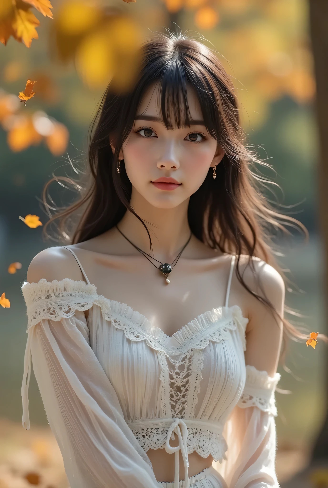 CNS Dress、dress、Pantyhose、high heels、((cowboy shot)), ((shoulder out)), ((Short Hemline、sexy long legs)), exposed shoulder、Fine fingers、High quality skin、cloud、wind、 flowing hair のOne person。 flowing hair , (Highest Image Quality,4k,8k,Hi-Res,masterpieces from above:1.2),Super detailed, (real,photorealistic,photorealistic:1.37),studio lighting、Brilliant Colors、long hairが軽くなびき、photorealisticなスタイルで、Beautiful Woman、One person、long hair、viewers、Smile、blue eyes、hair ornaments、soft lights、Rimlight、bright detail、short bob hair、dark haired、nature。natureな色合いの大きな唇、(perfect body)、beautiful legs、break) (auto customized hairstyle model {x} sleeveless white and black monotone shoulder sweater combined with white micro dress:1.4)、(body line:1.2)、((Bare Shoulders、Thin wrists、bare thighs):1。3)、((Black Choker Necklace):1。(Black Choker Necklace)、(wool:1.2)、break(Heeled Sandals:1.2)、(earrings from behind:1.3)、(Bangles:1.2)、小さなSmile、20 year old girl、cute type 、maha's rya(Very Beautiful Young Teenage Girl) beauty like an idol )、Tampyran Full Body、Sexy Fall Costume、straight medium dark hair、Photorealistic、Suasana Musim Guggul、 Fall Foliage Tree with Falling Leaves々There is a garden with、Effects of Autumn Leaves Falling All Around、Black Choker Necklace。