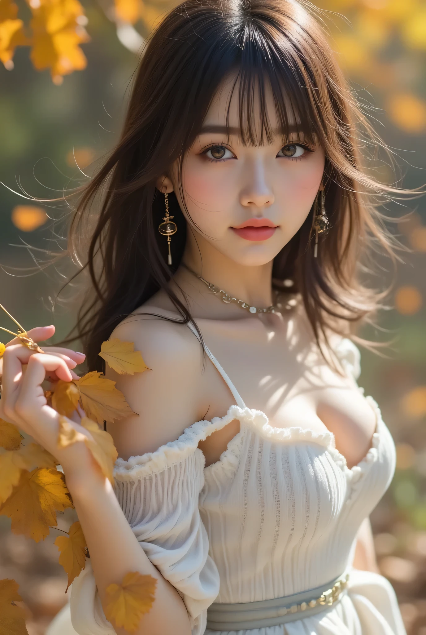 CNS Dress、dress、Pantyhose、high heels、((cowboy shot)), ((shoulder out)), ((Short Hemline、sexy long legs)), exposed shoulder、Fine fingers、High quality skin、cloud、wind、 flowing hair のOne person。 flowing hair , (Highest Image Quality,4k,8k,Hi-Res,masterpieces from above:1.2),Super detailed, (real,photorealistic,photorealistic:1.37),studio lighting、Brilliant Colors、long hairが軽くなびき、photorealisticなスタイルで、Beautiful Woman、One person、long hair、viewers、Smile、blue eyes、hair ornaments、soft lights、Rimlight、bright detail、short bob hair、dark haired、nature。natureな色合いの大きな唇、(perfect body)、beautiful legs、break) (auto customized hairstyle model {x} sleeveless white and black monotone shoulder sweater combined with white micro dress:1.4)、(body line:1.2)、((Bare Shoulders、Thin wrists、bare thighs):1。3)、((Black Choker Necklace):1。(Black Choker Necklace)、(wool:1.2)、break(Heeled Sandals:1.2)、(earrings from behind:1.3)、(Bangles:1.2)、小さなSmile、20 year old girl、cute type 、maha's rya(Very Beautiful Young Teenage Girl) beauty like an idol )、Tampyran Full Body、Sexy Fall Costume、straight medium dark hair、Photorealistic、Suasana Musim Guggul、 Fall Foliage Tree with Falling Leaves々There is a garden with、Effects of Autumn Leaves Falling All Around、Black Choker Necklace。