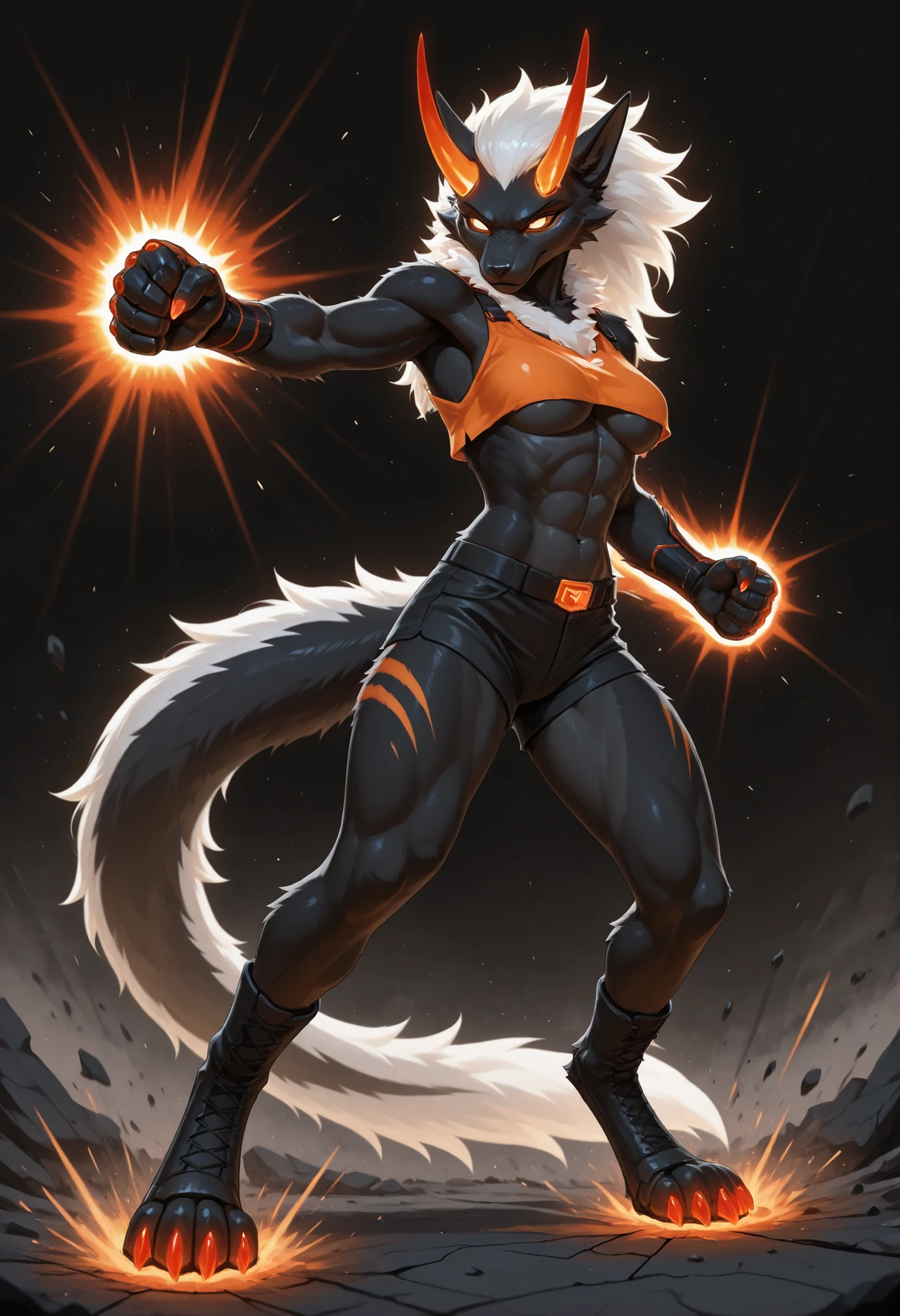 sharrax, ((((anthro)))), ((female)), straight glowing horns,red glowing claws, pitch black body fur, luminous white mane, luminous white-black tail,abstract painting, jet black background , 8K resolution, High detail, Realistic fur texture, fighter, standing in battle stance on cracked ground, athletic yet feminine body, smooth abs, black and orange cropped top with gold trim, slight underboob, tight black shorts with orange accents, belts and suspenders, tail raised high, wearing huge industrial exosuit gauntlets far larger than her forearms, mechanical plating, hydraulic pistons, exposed bolts, glowing orange joints, external power-assist look, not attached to her body, the gauntlets look heavy, oversized, and worn for punching, black combat boots, rubble and sparks background, cinematic orange lighting, anime style